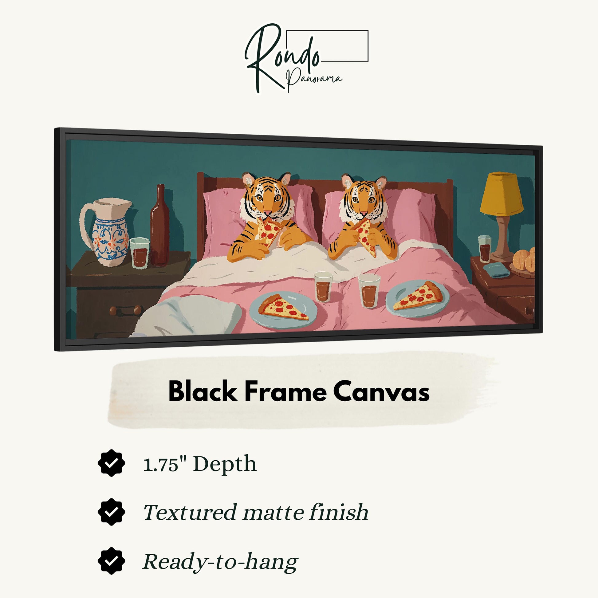 The image is a black frame canvas depicting two cartoon tiger characters sitting on a bed, each with a plate of pizza in front of them.