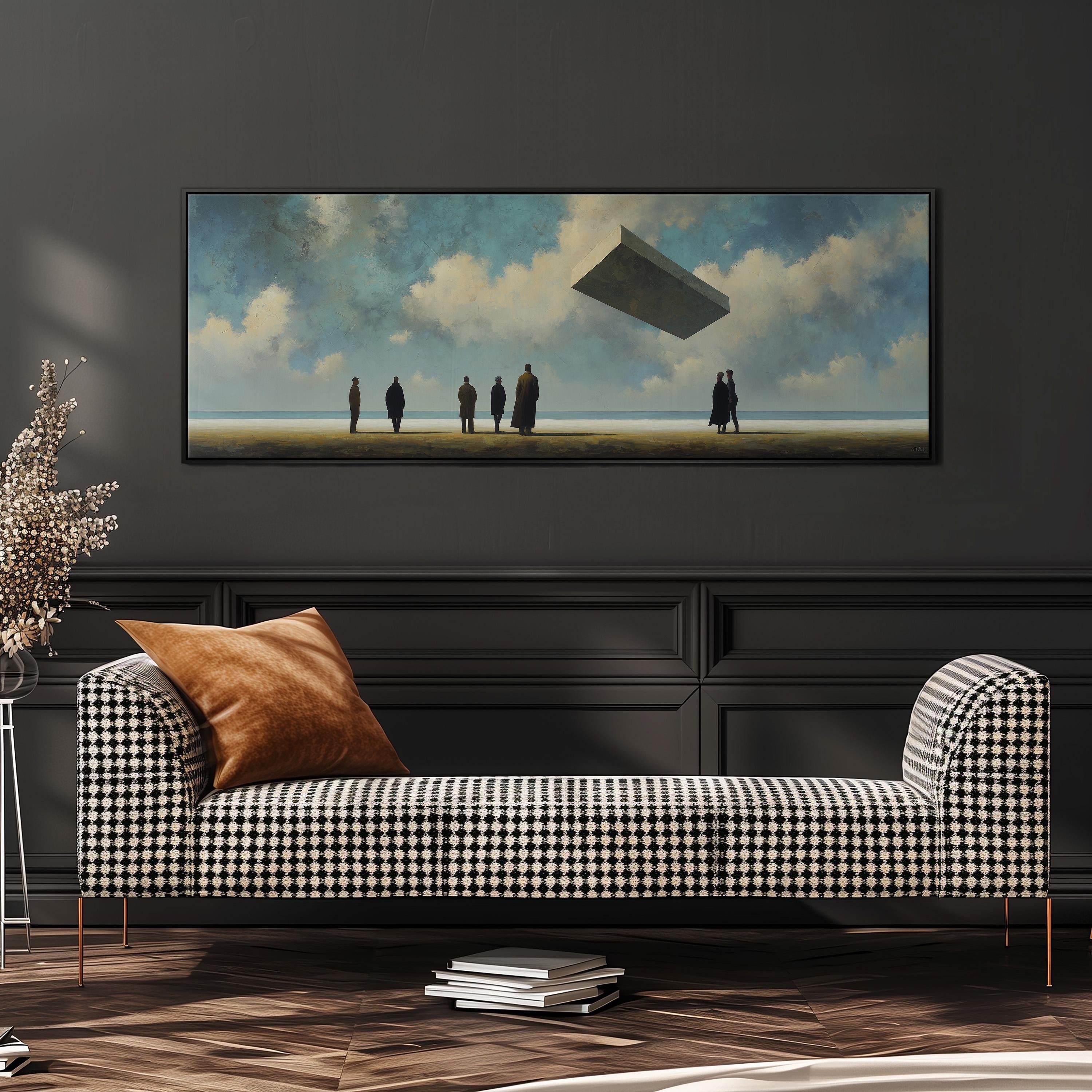 a large painting of a group of people standing on a beach, with a floating object in the sky above them. The painting is hung on a wall above a black and white checkered sofa, which is positioned in front of a bookshelf.