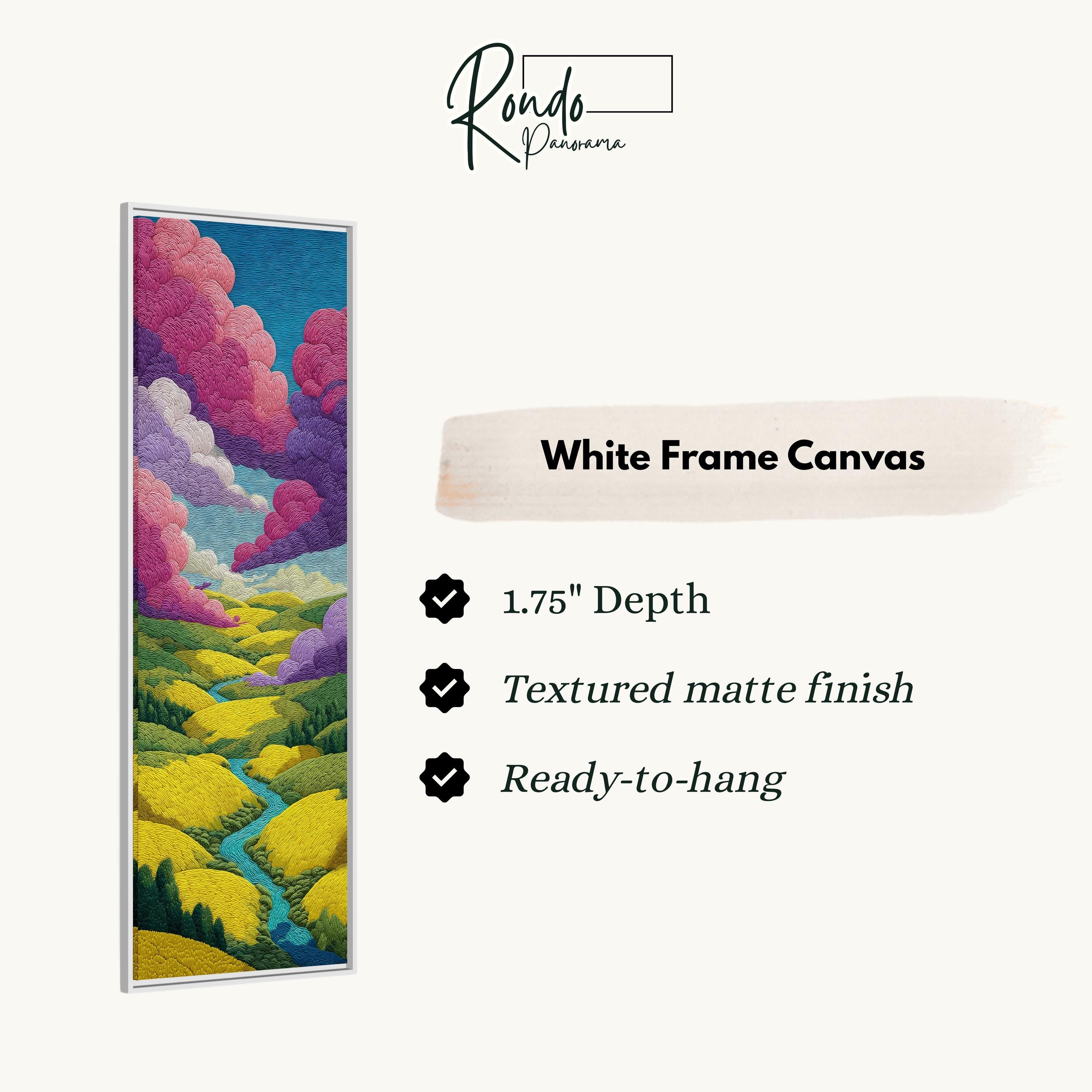 The image is a white frame canvas depicting a colorful landscape with a river and mountains.
