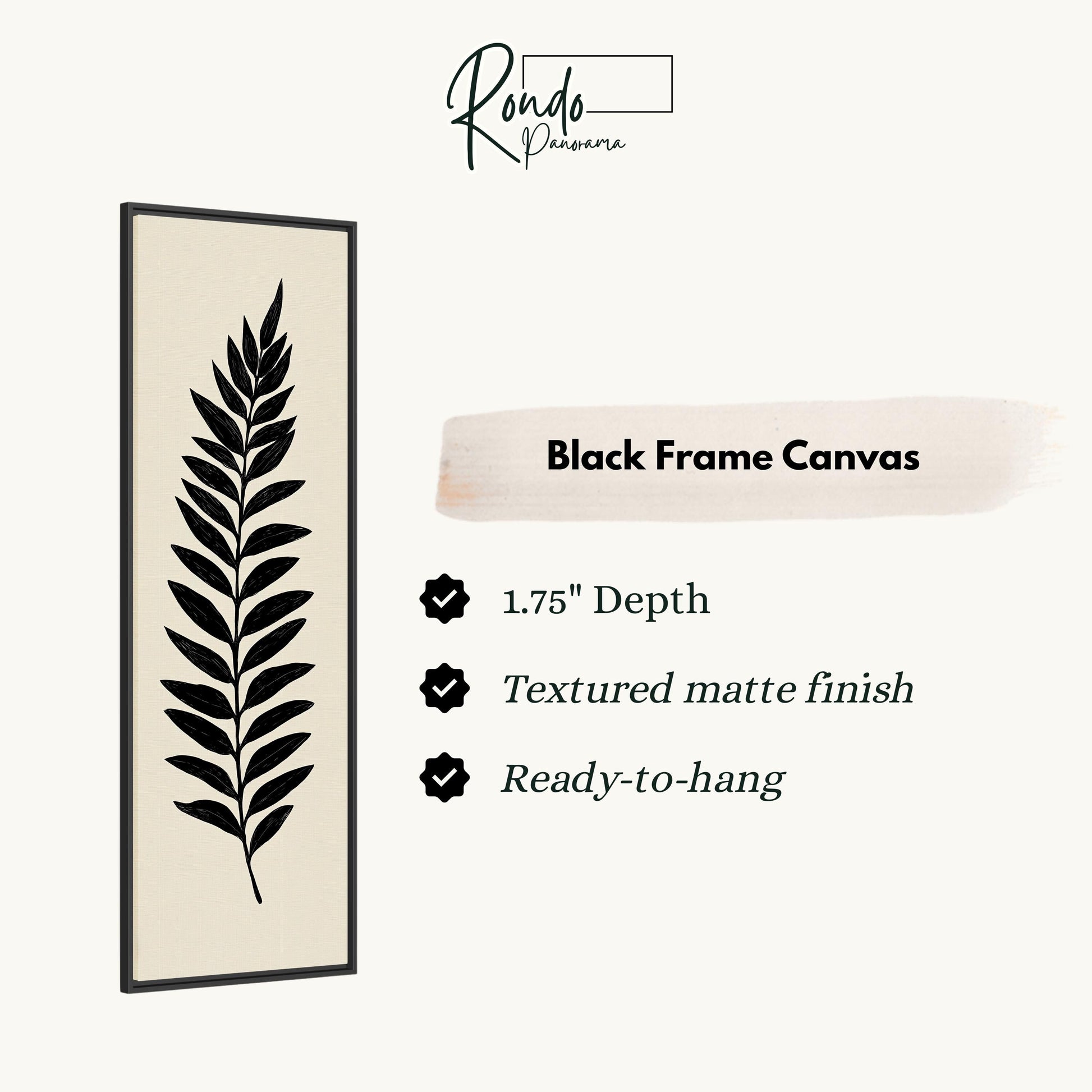 a black frame canvas with a leaf design, accompanied by text describing the product.