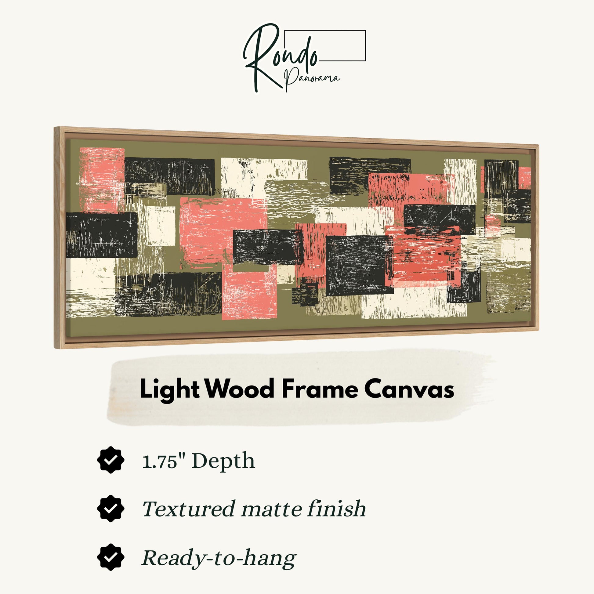 The image is a light wood frame canvas with a textured matte finish, measuring 1.75" in depth. It is ready to hang and has a textured matte finish.