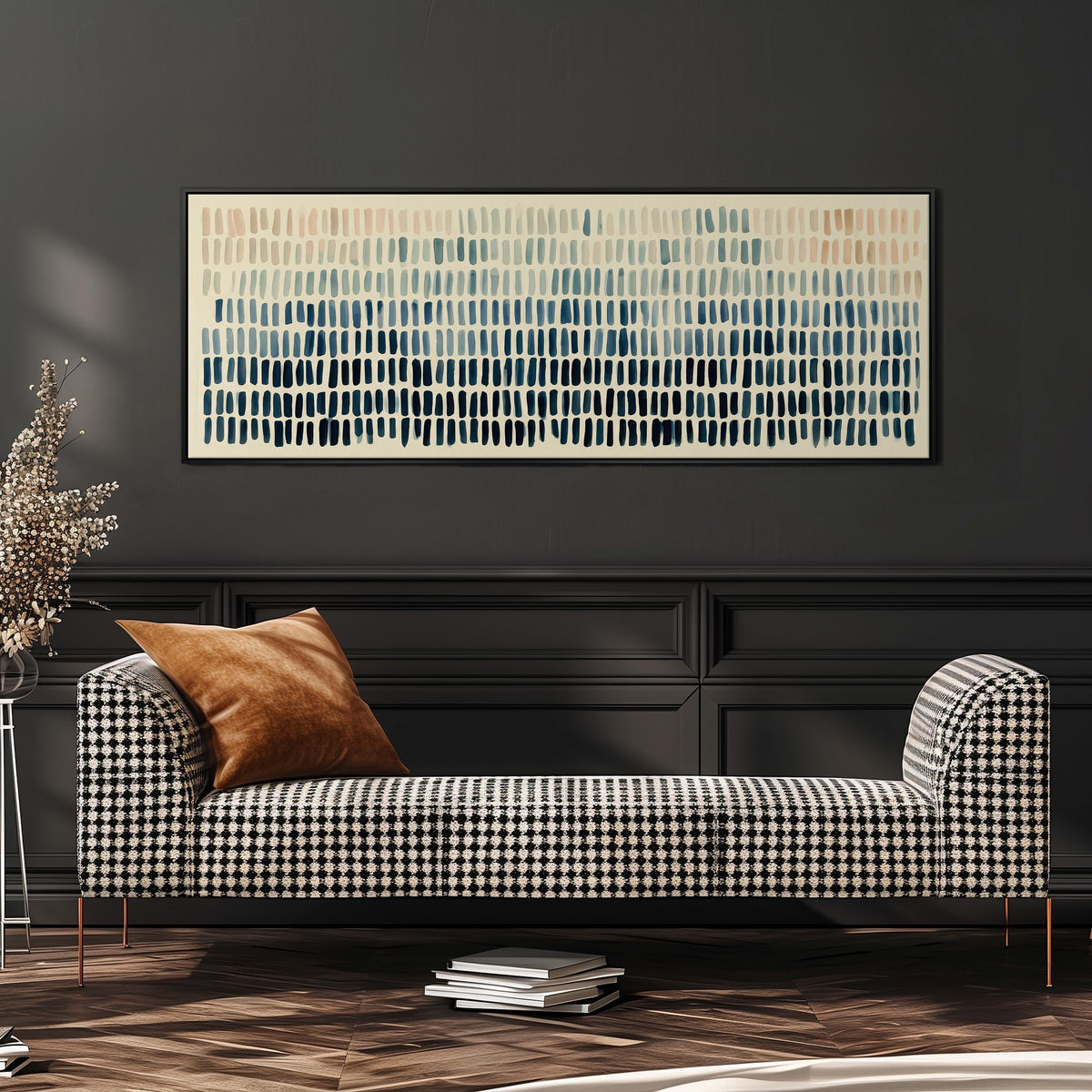Brushmarks fading from peach to navy wide panoramic canvas print above a bench in a dark living room
