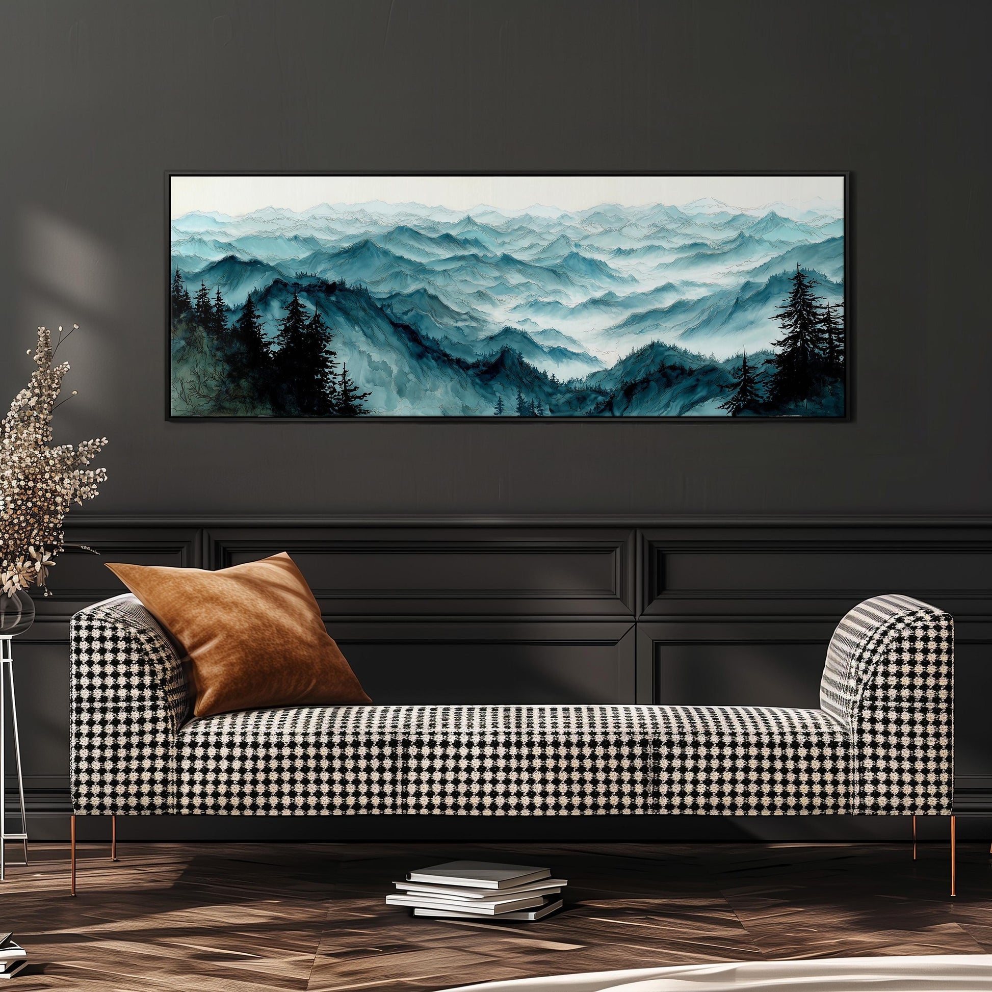 a large landscape painting hanging on a wall above a black and white checkered sofa with a brown throw pillow.
