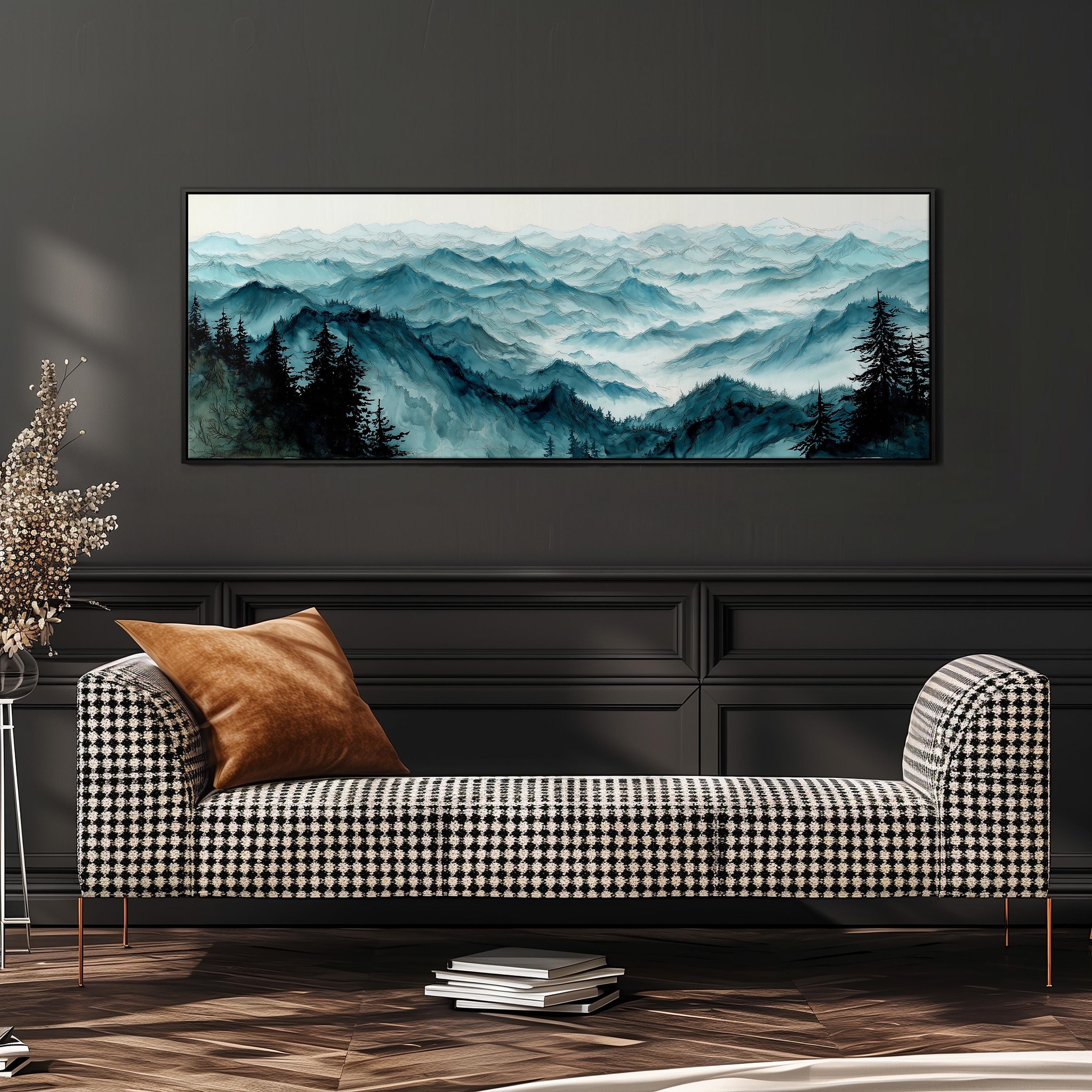 a large landscape painting hanging on a wall above a black and white checkered sofa with a brown throw pillow.