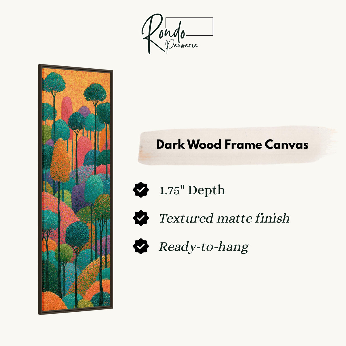 Dotted rainbow forest canvas print in a dark wood floating frame