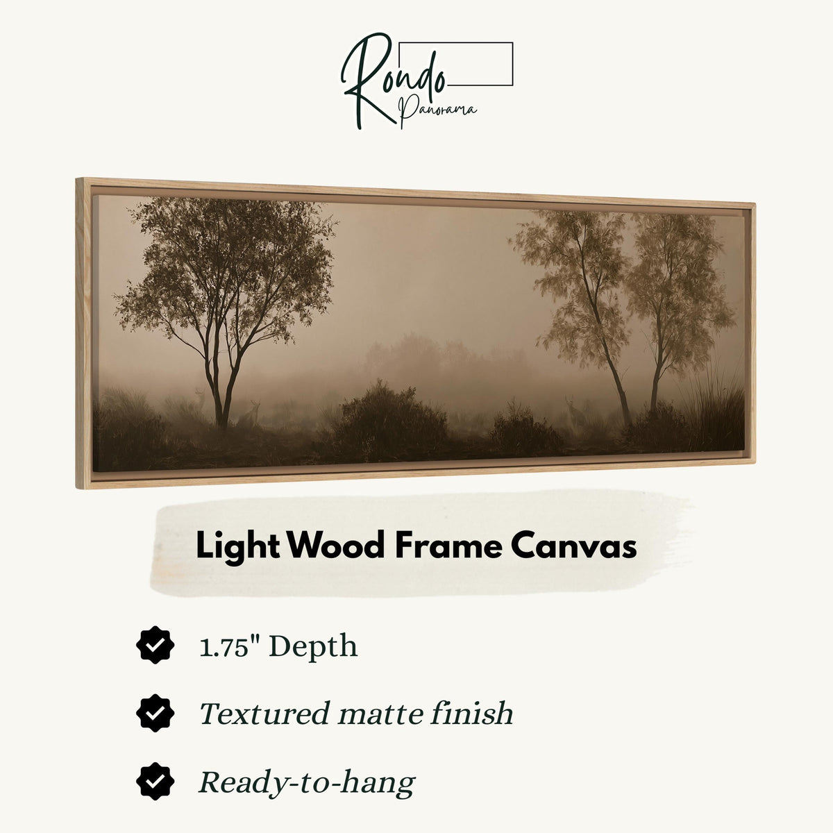 Two trees in sepia fog canvas print in a light wood floating frame