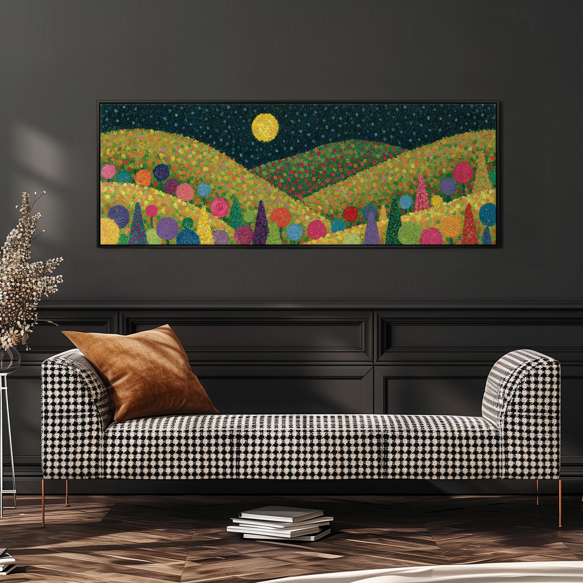 Moonlit pastel flower hills wide panoramic canvas print above a bench in a dark living room