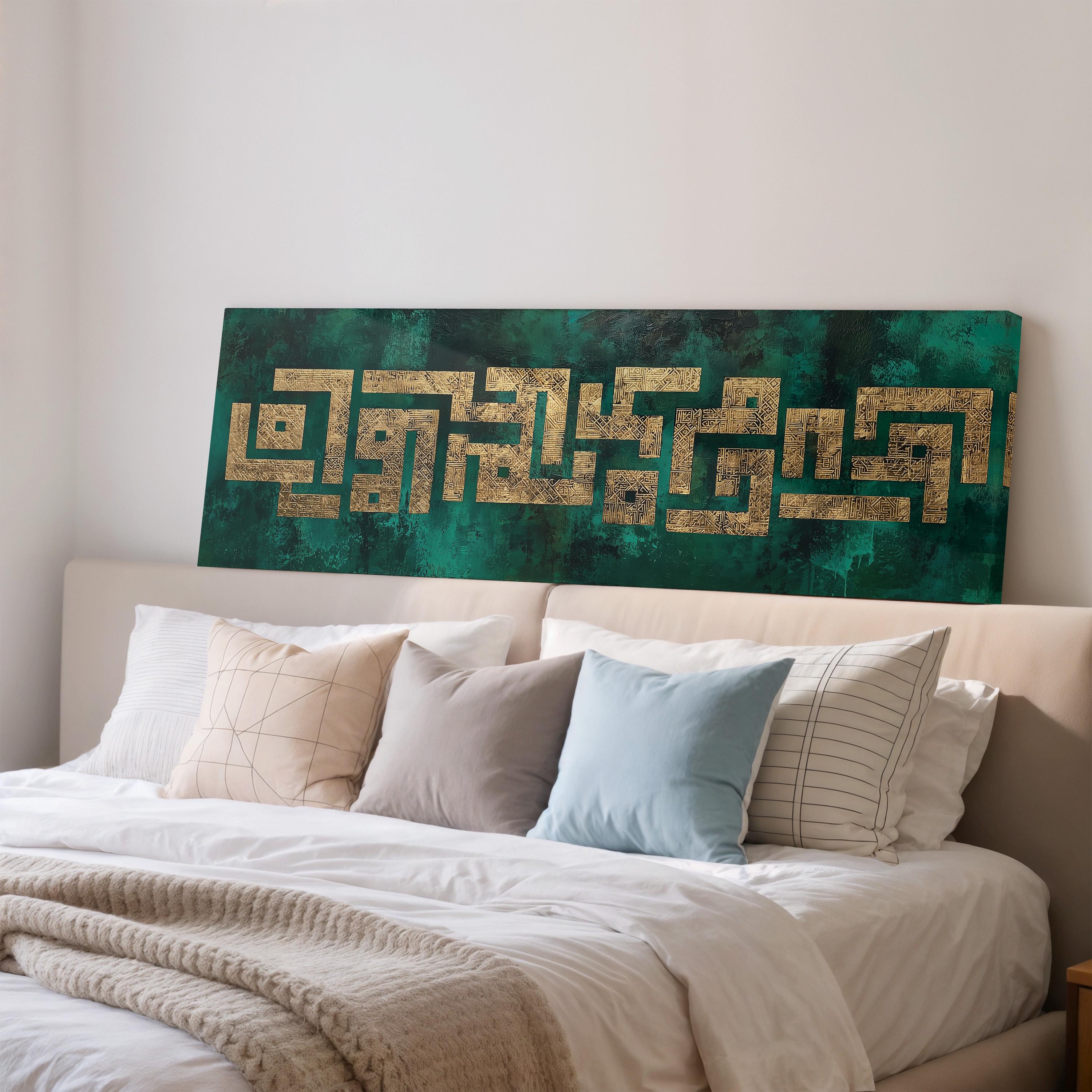 a bedroom with a large bed covered in white sheets and pillows. Above the bed, there is a large canvas with a green and gold design, which appears to be a piece of artwork or a decorative element in the room.