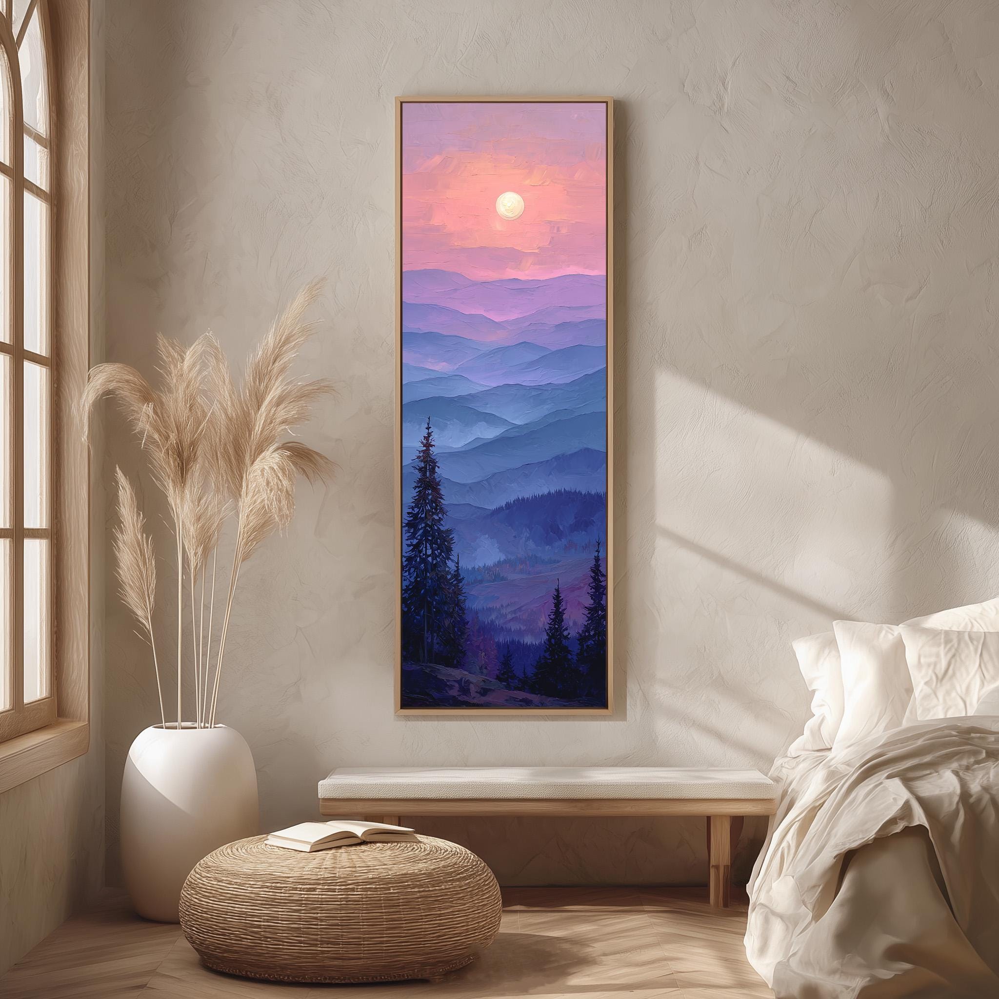 a serene bedroom scene with a large framed landscape painting hanging on the wall, depicting a mountain range at sunset. The painting is surrounded by a white vase with tall potted plants, a wooden bench, and a woven ottoman. The room has a minimalist and modern design, with a large window providing natural light and a view of the mountains.