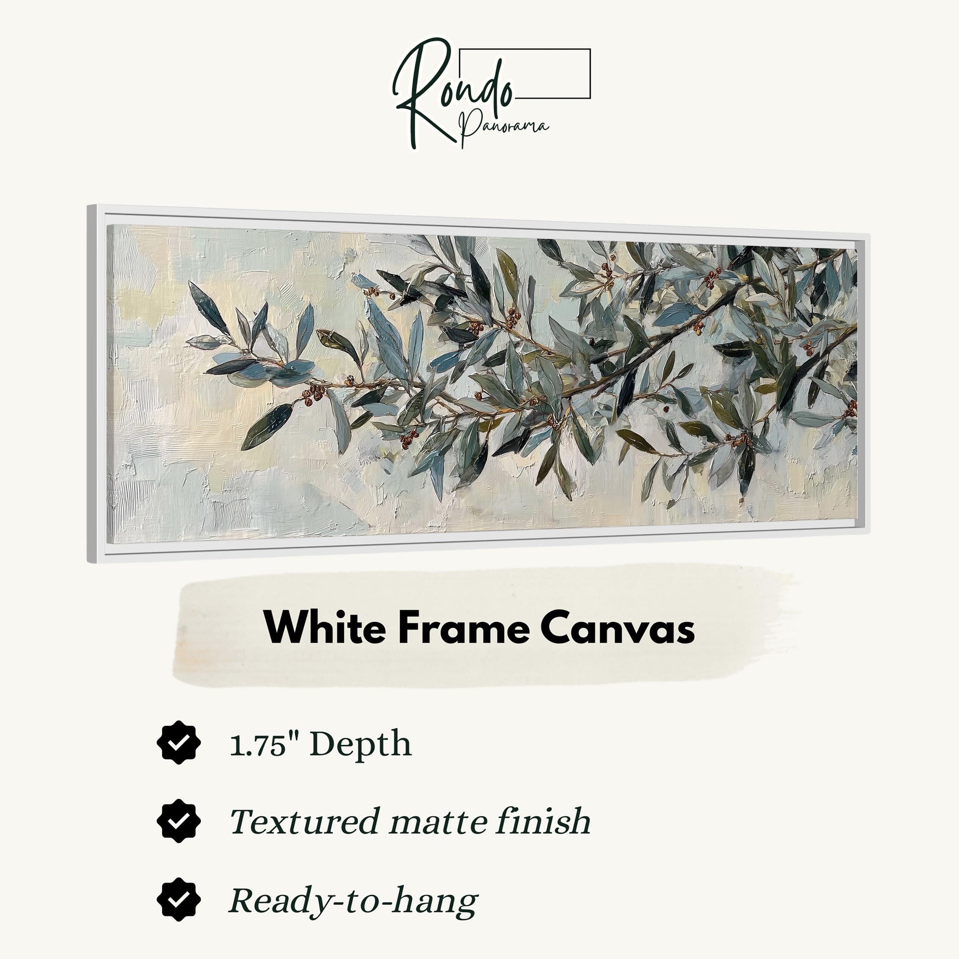 The image is a white frame canvas with a painting of a branch with leaves and berries on it.