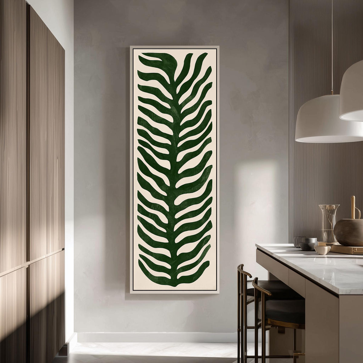 Stylized dark green fern leaf tall skinny canvas print in a modern kitchen