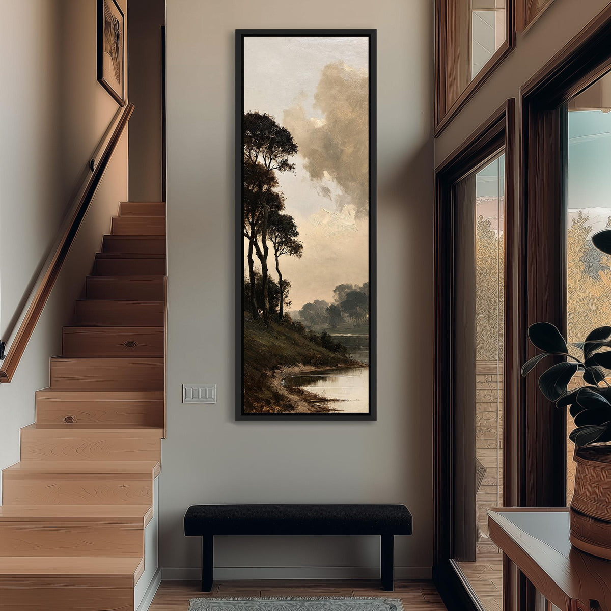 Dark trees by a misty lake in golden brown tones tall narrow canvas print beside a staircase in an entryway