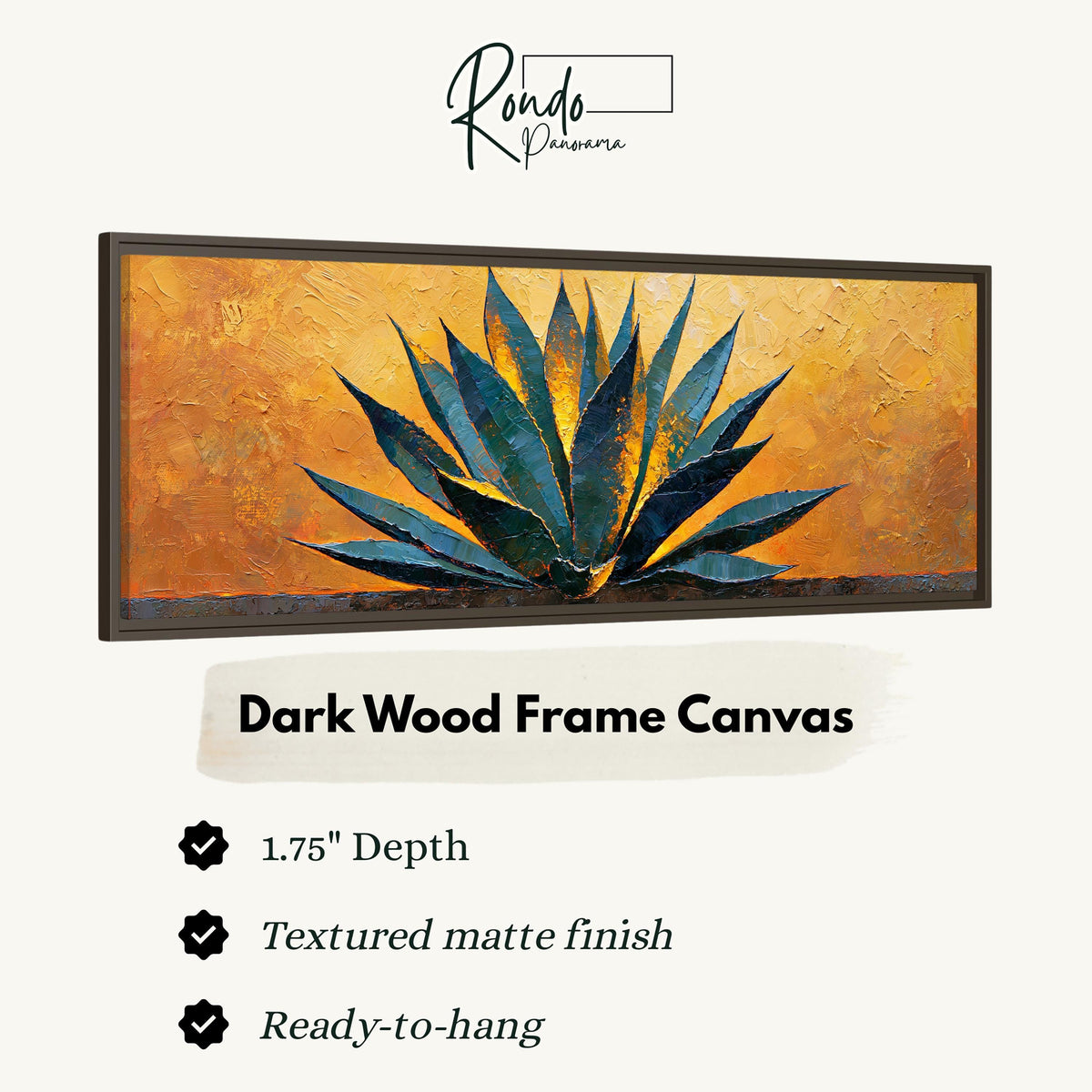 Blue agave on a textured gold background canvas print in a dark wood floating frame