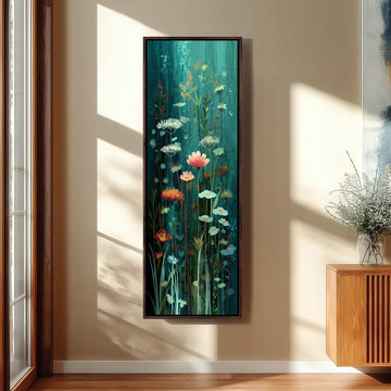 a large, colorful painting of flowers hanging on a wall in a room with a wooden cabinet below it.