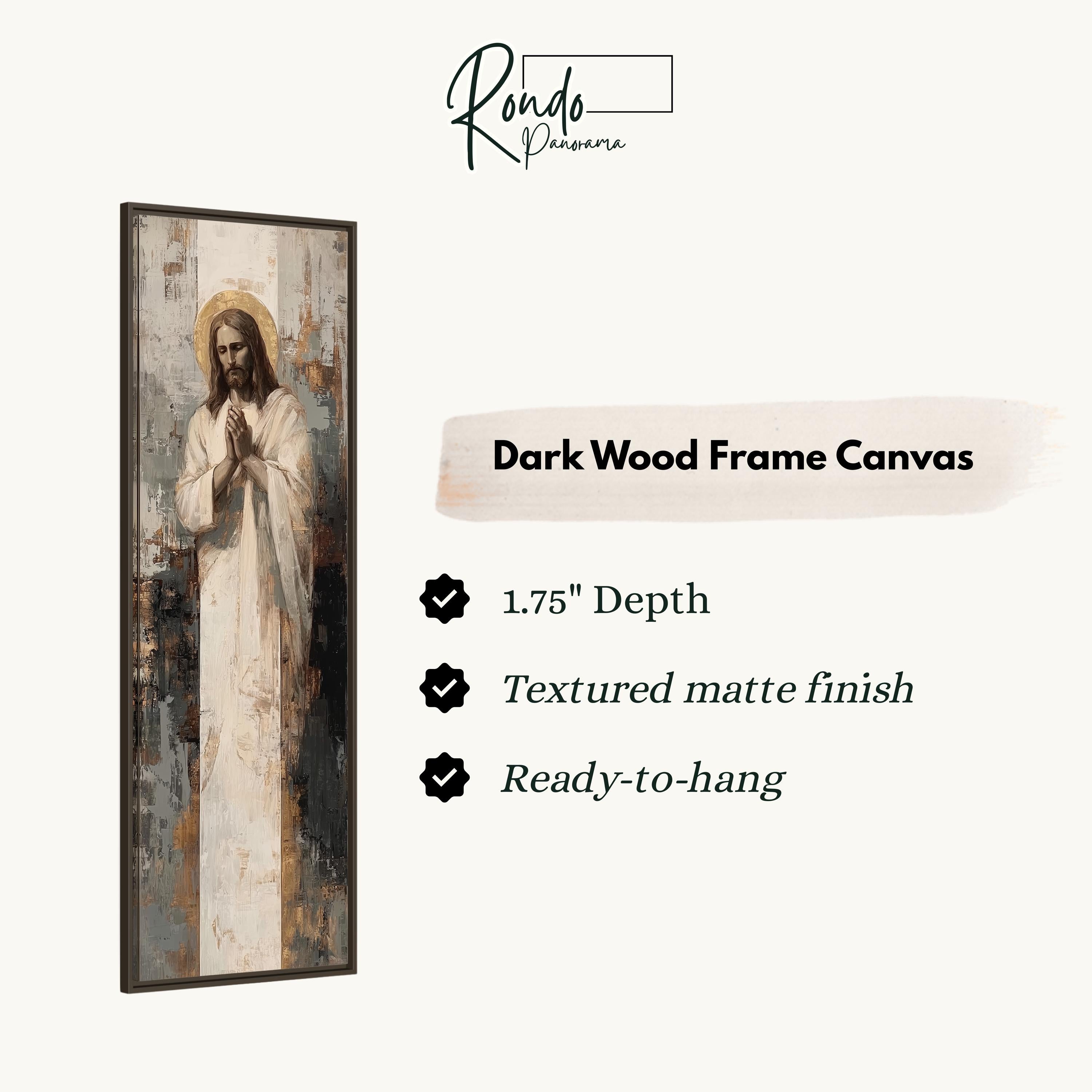 The image is a dark wood frame canvas depicting a painting of Jesus Christ.