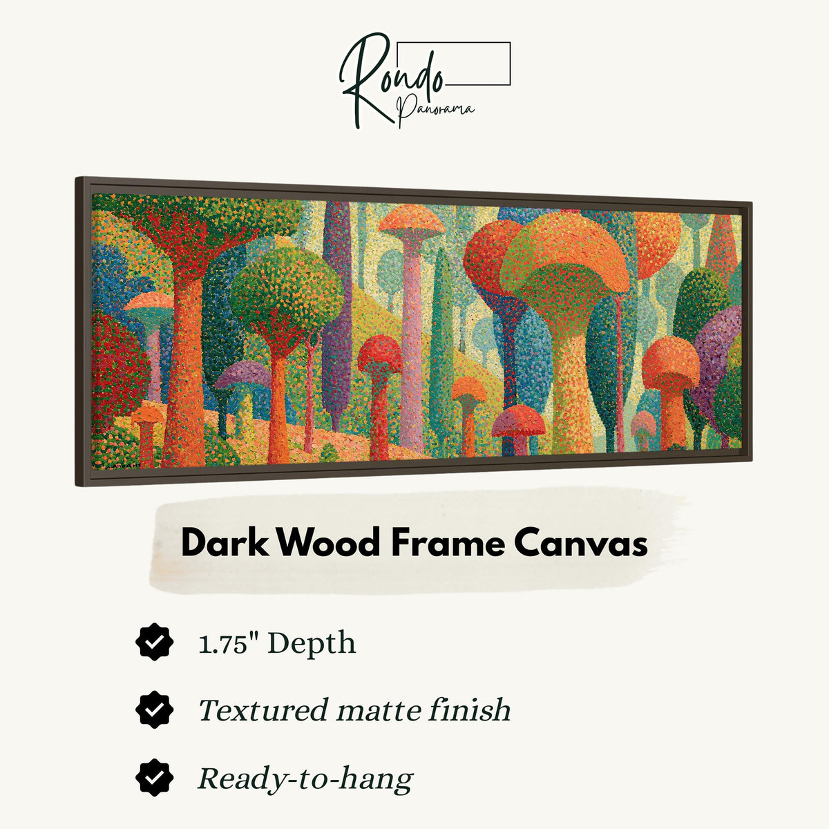 Teal mushroom woodland canvas print in a dark wood floating frame