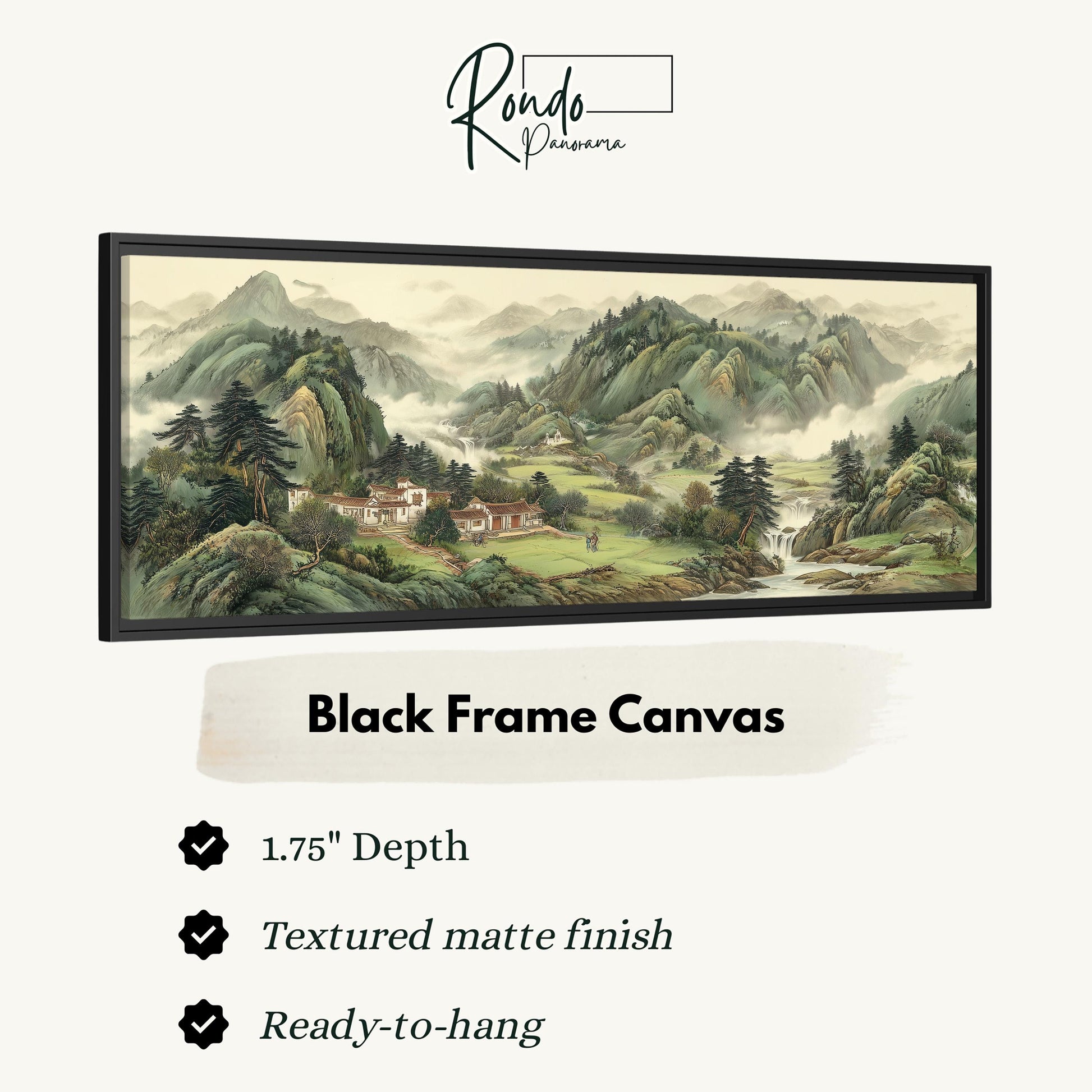 The image is a black frame canvas depicting a landscape with mountains, trees, and a village.