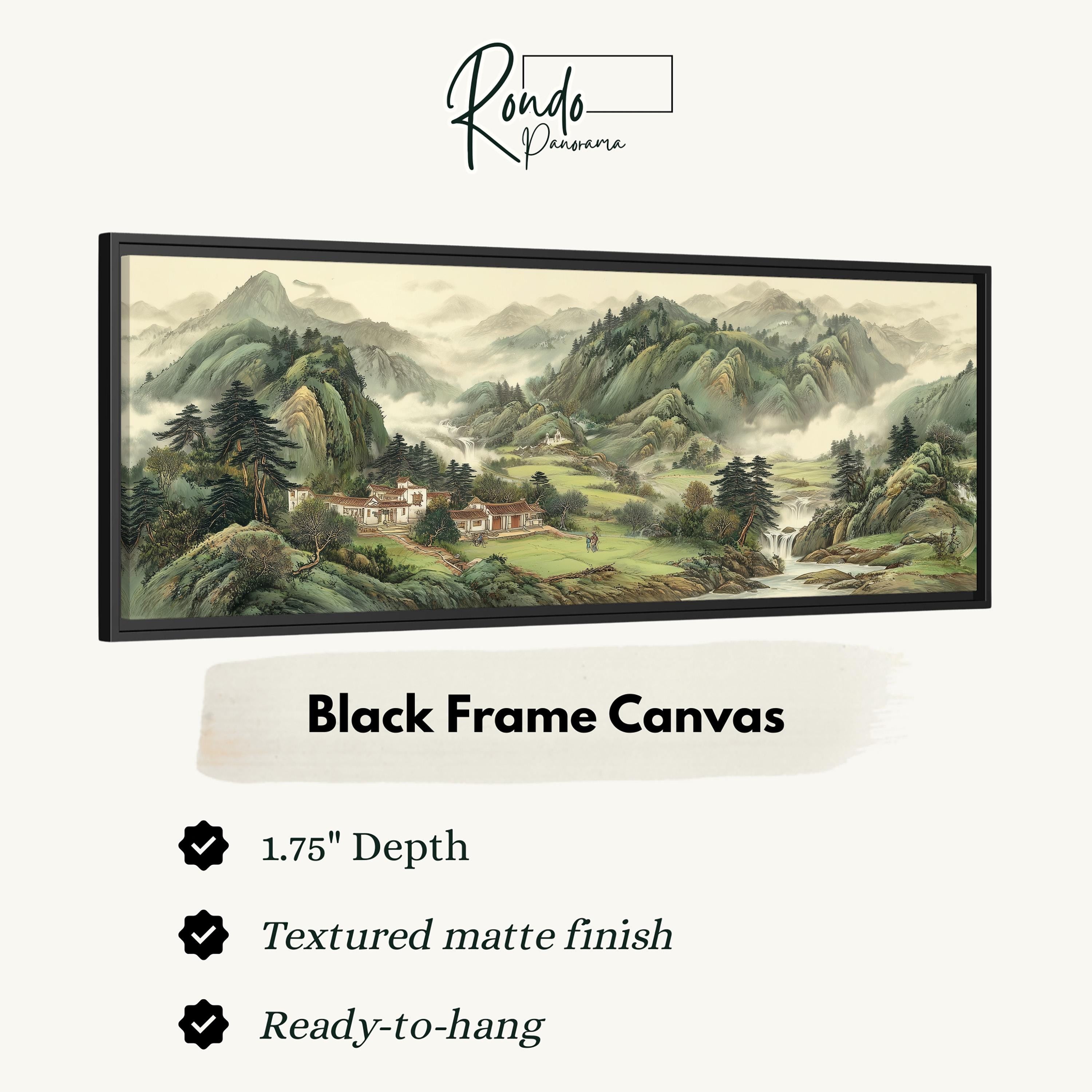 The image is a black frame canvas depicting a landscape with mountains, trees, and a village.