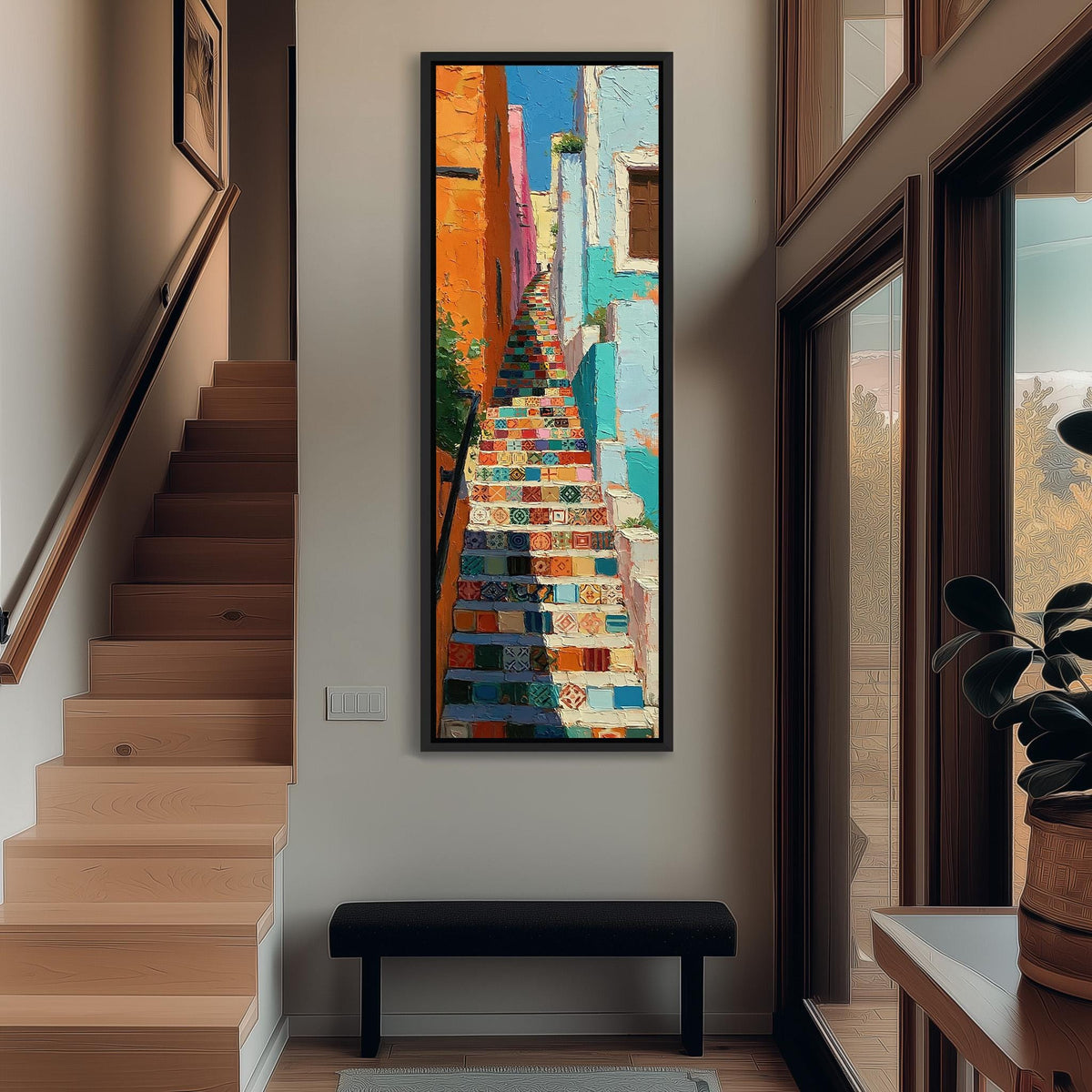 Rainbow tiled staircase in a narrow alley tall narrow canvas print beside a staircase in an entryway