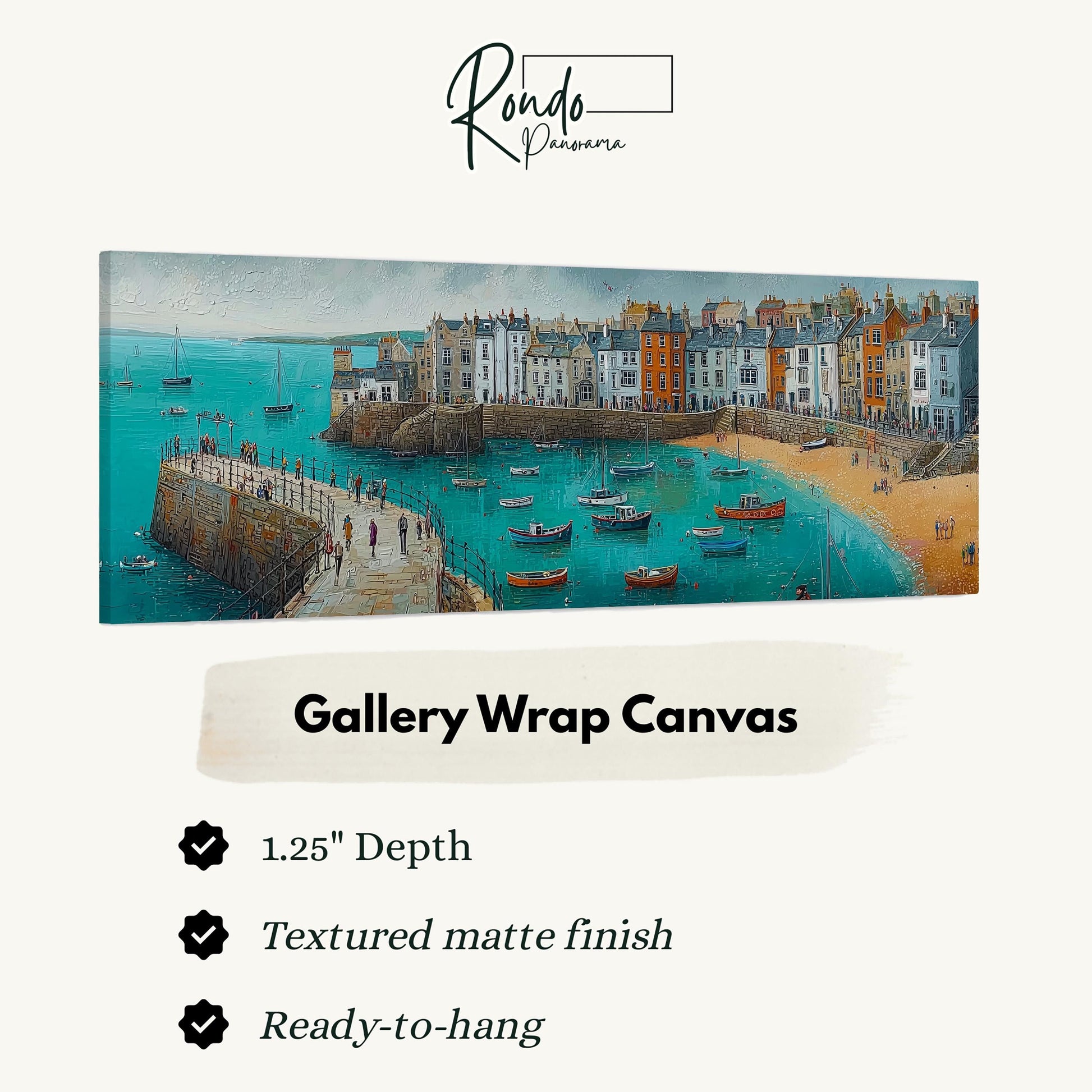 The image is a painting of a coastal town with boats on the water, and it is a gallery wrap canvas.