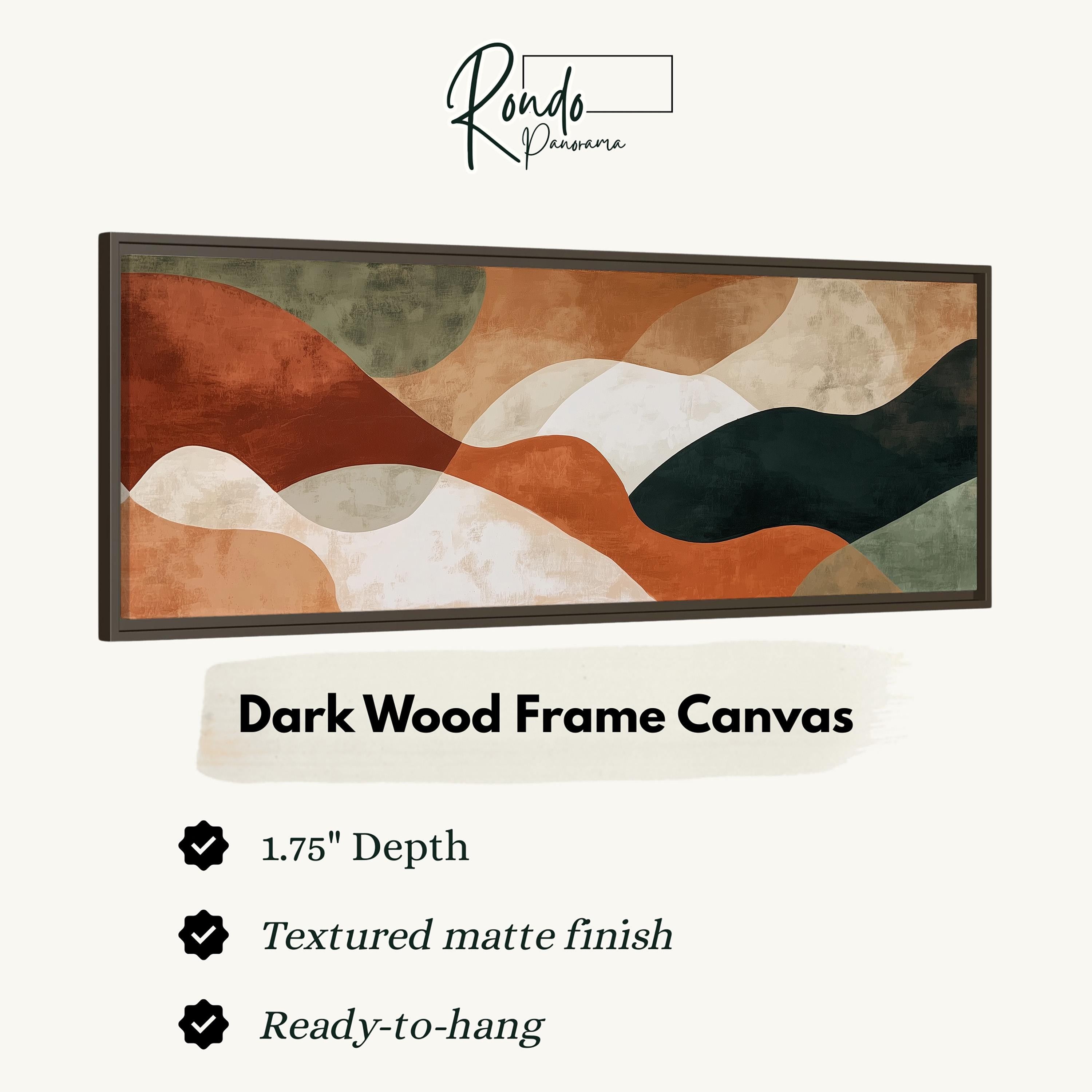 The image is a product advertisement for a dark wood frame canvas. It features a large abstract painting with a mix of orange, green, and brown colors. The advertisement provides details about the product, including its dimensions, the type of finish, and its readiness to hang.