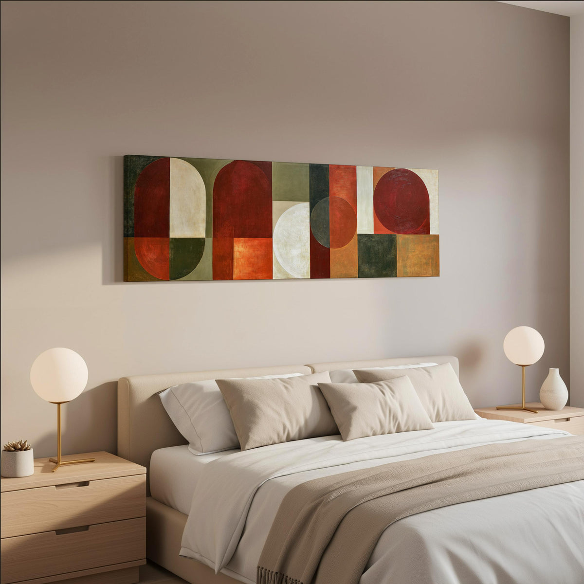 Maroon and olive geometric arches wide panoramic canvas print above a bed in a neutral bedroom
