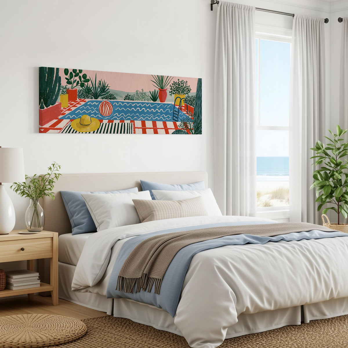 Colorful poolside courtyard panoramic canvas print above a bed in a coastal bedroom