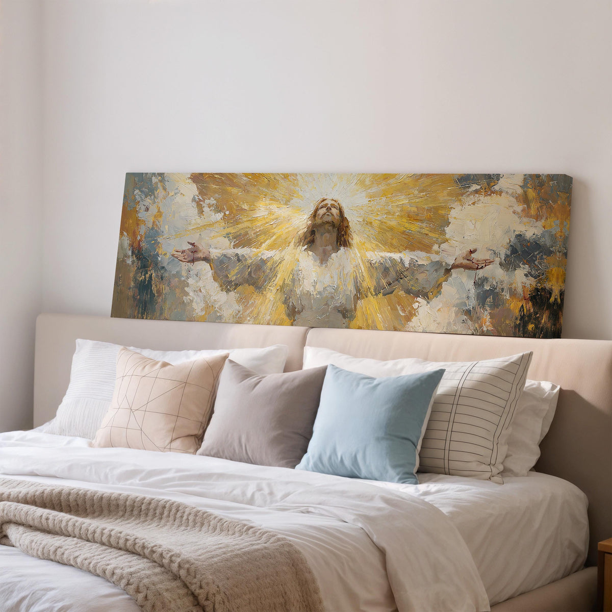 Risen Christ in golden light wide panoramic canvas print above a bed in a bedroom