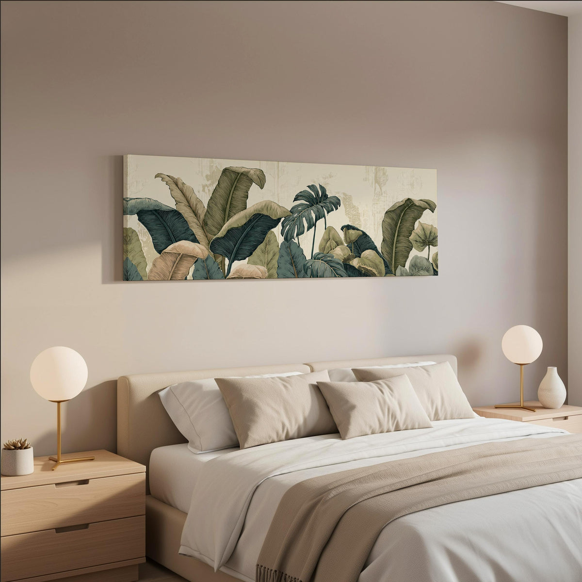 Vintage tropical leaves wide panoramic canvas print above a bed in a neutral bedroom