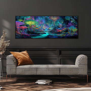 a large, colorful painting of a fantastical forest scene hanging on a wall above a black and white checkered sofa.