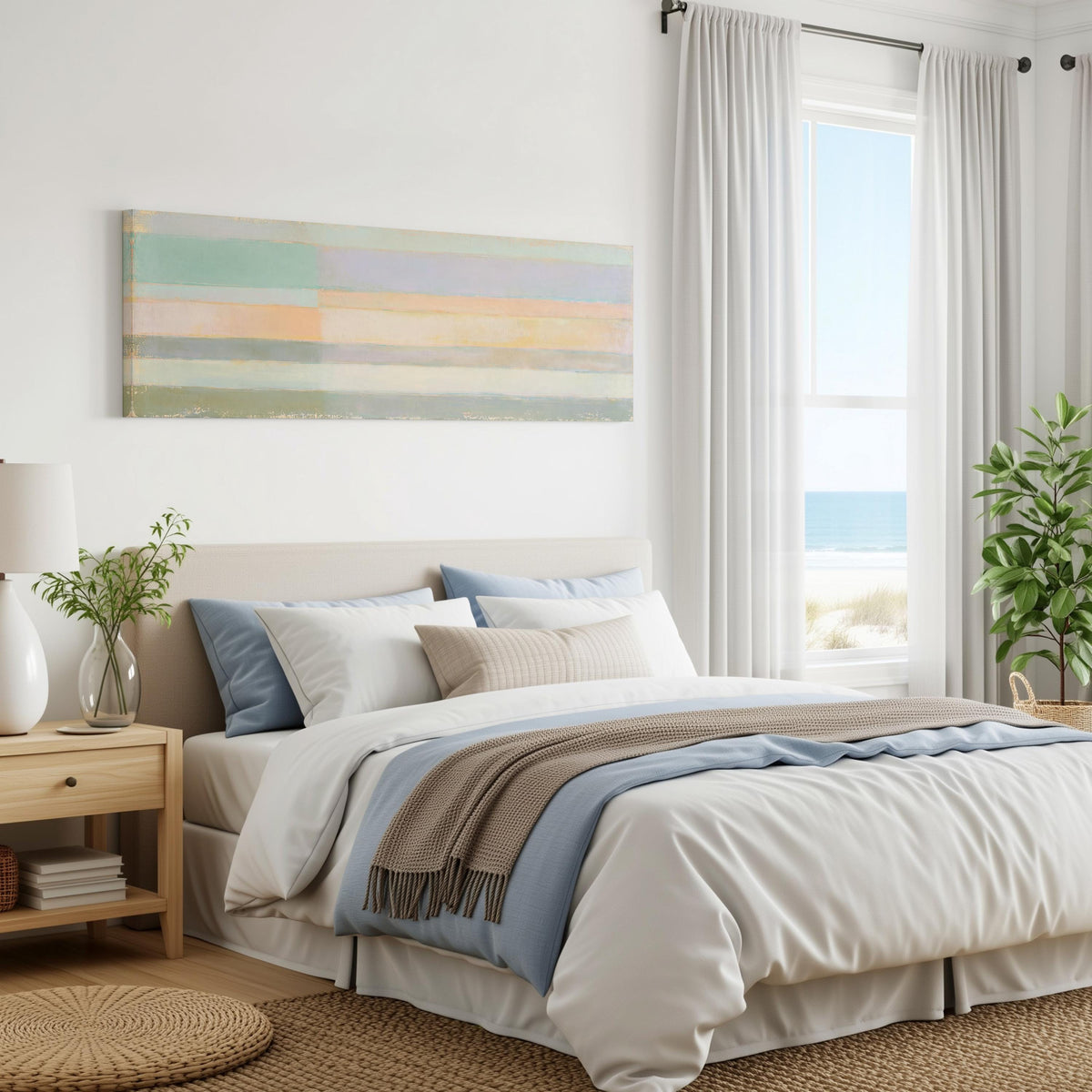 Mint, lavender and peach pastel bands panoramic canvas print above a bed in a coastal bedroom