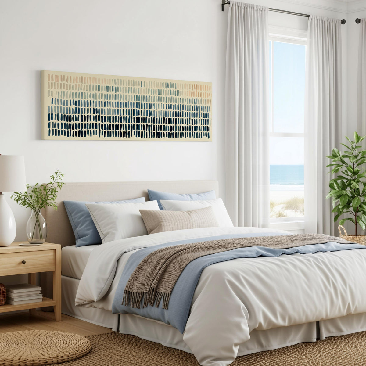 Brushmarks fading from peach to navy panoramic canvas print above a bed in a coastal bedroom