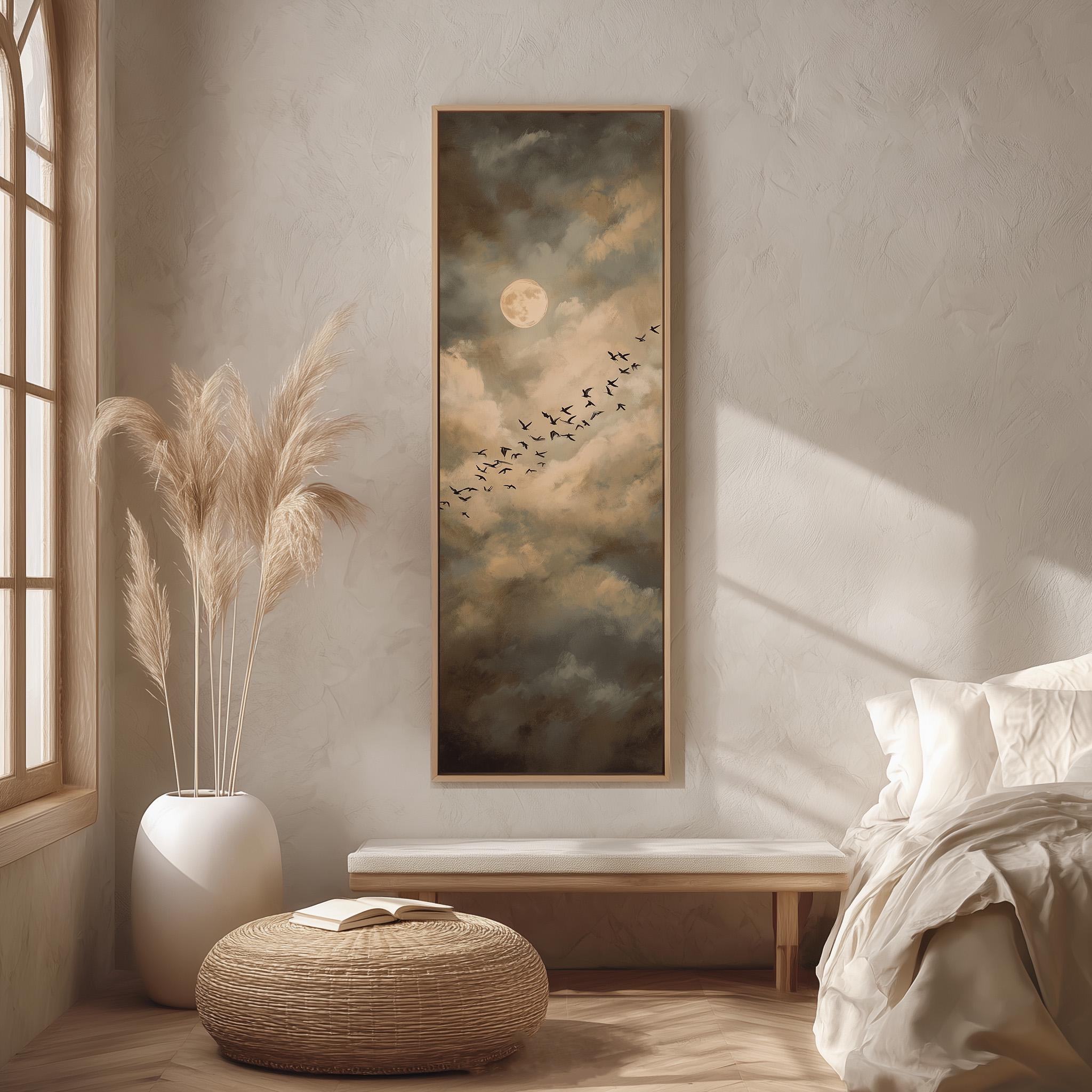 a serene bedroom scene with a large painting of a flock of birds flying across a cloudy sky hanging on the wall. The painting is framed in a wooden frame and is the focal point of the room. The room is decorated with a large window, a white bed, a woven ottoman, and a potted plant. The overall atmosphere of the room is calm and peaceful, with the painting adding a touch of nature and artistry to the space.