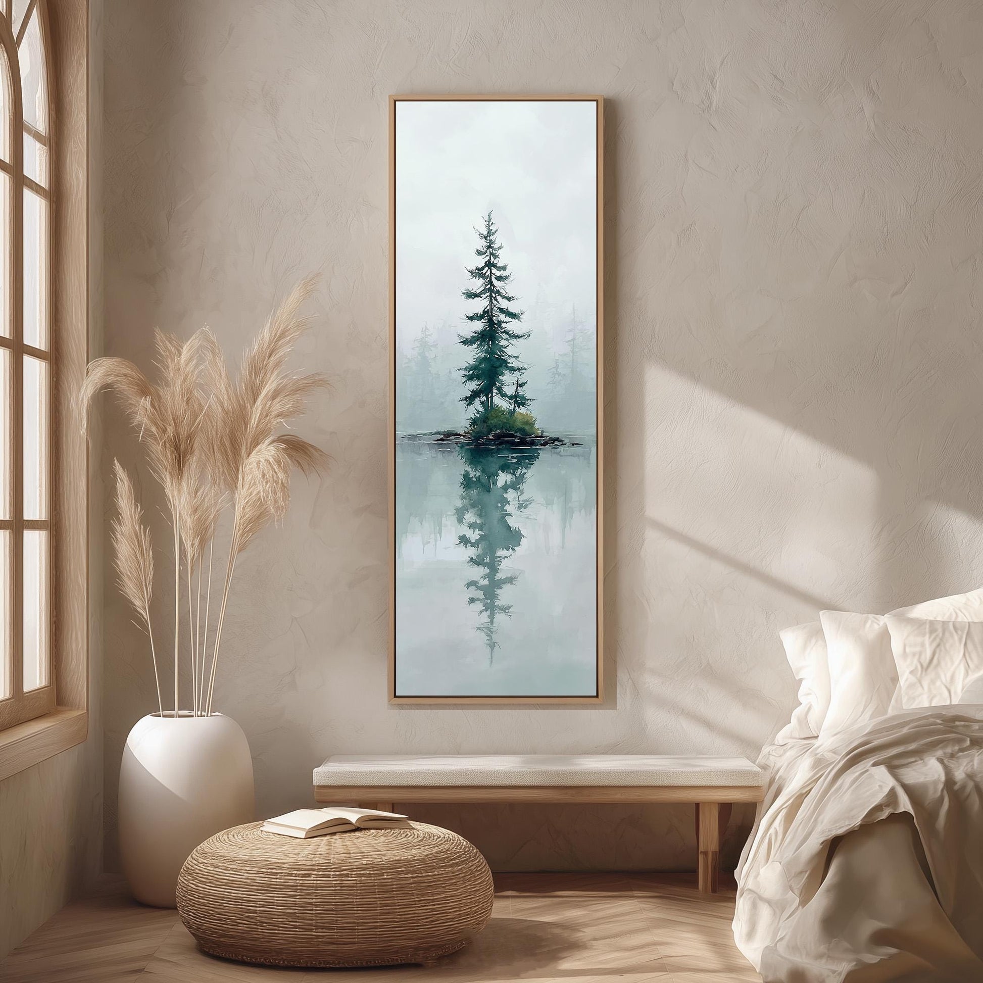 a serene bedroom scene with a large painting of a tree on the wall, a white bench, a woven ottoman, and a window with a plant.
