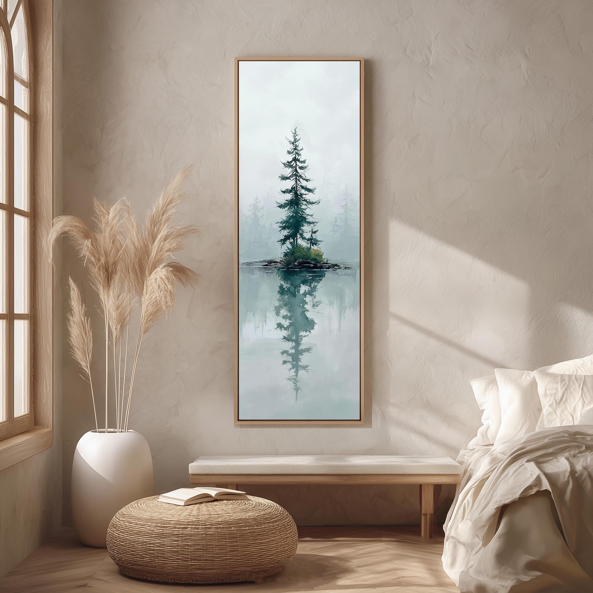 a serene bedroom scene with a large painting of a tree on the wall, a white bench, a woven ottoman, and a window with a plant.