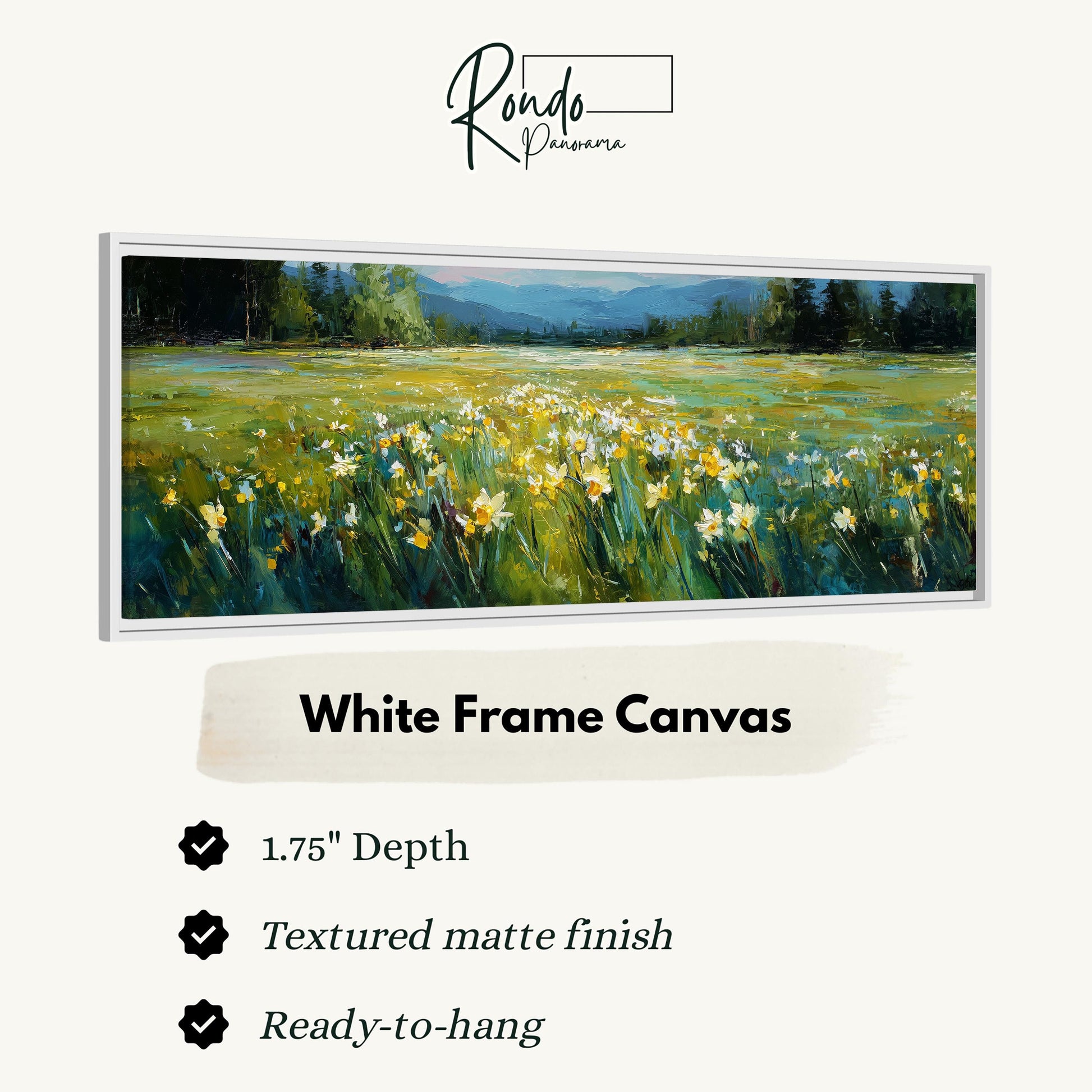 The image is a white frame canvas depicting a field of flowers with a mountain landscape in the background.