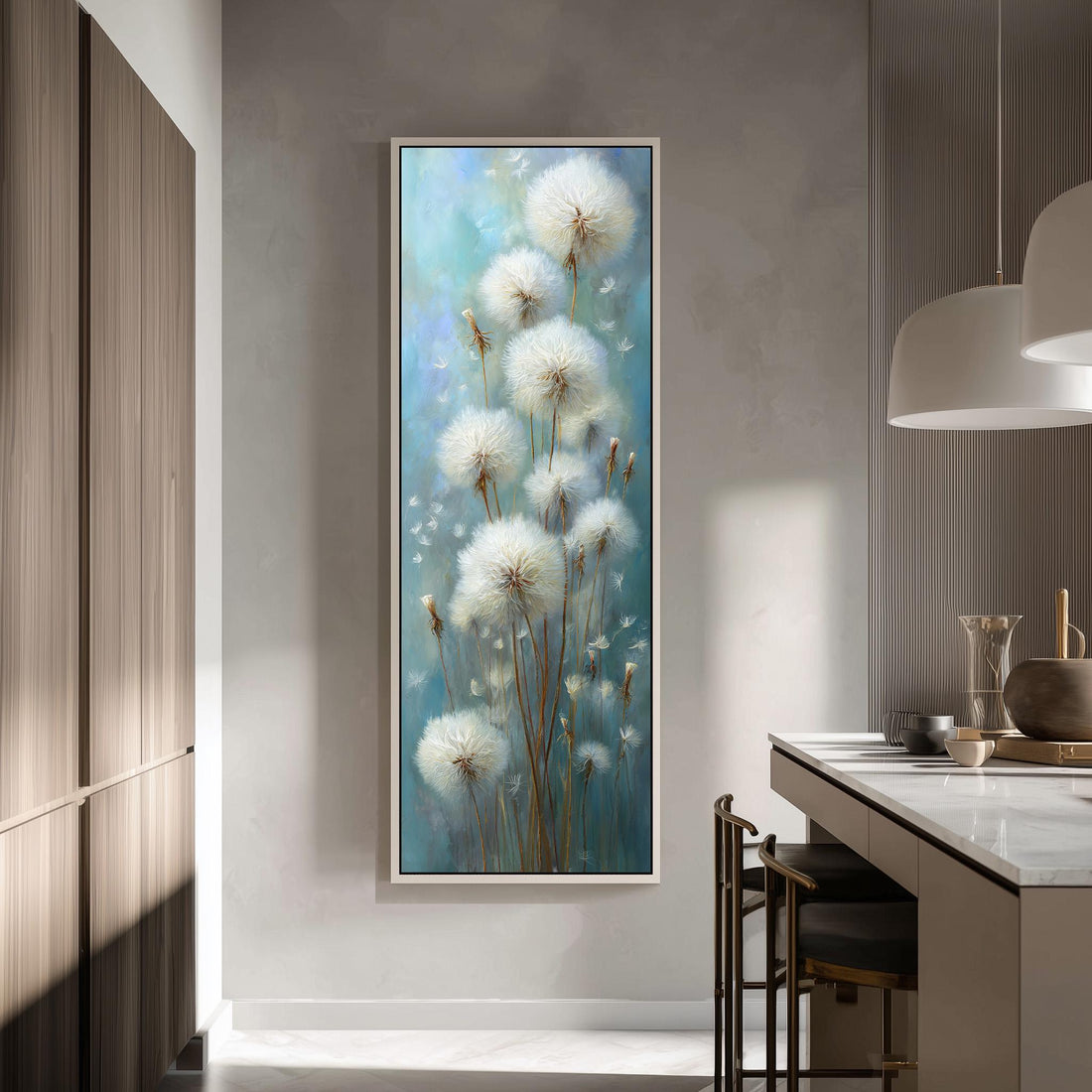 a large painting of dandelions hanging on a wall in a modern kitchen.