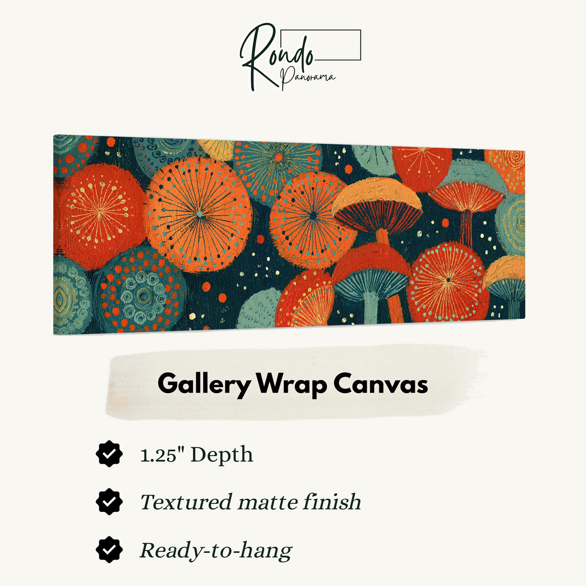 Orange and teal mushroom starburst gallery wrap canvas with the image wrapped around the edges