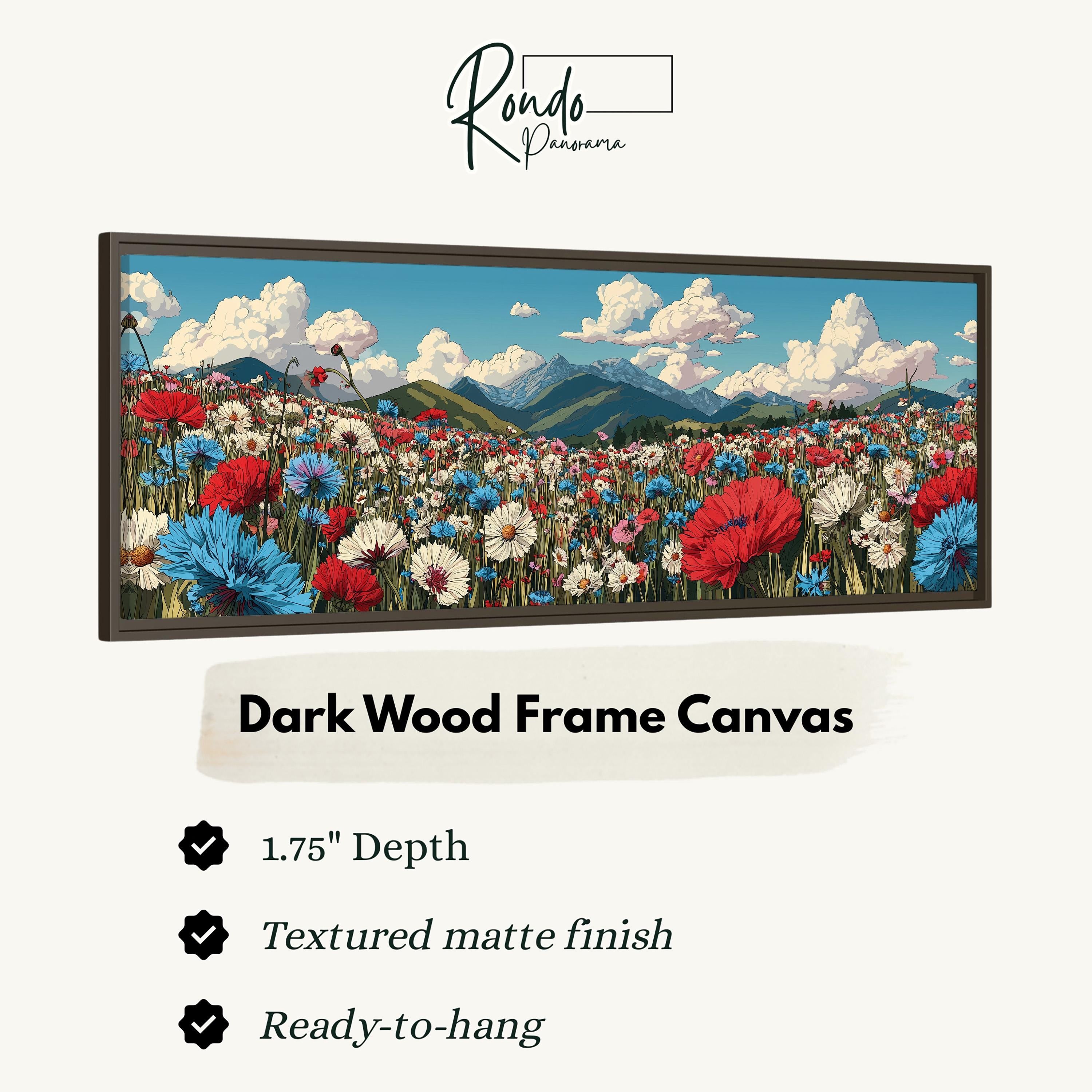 The image is a framed canvas depicting a vibrant field of flowers with mountains in the background.