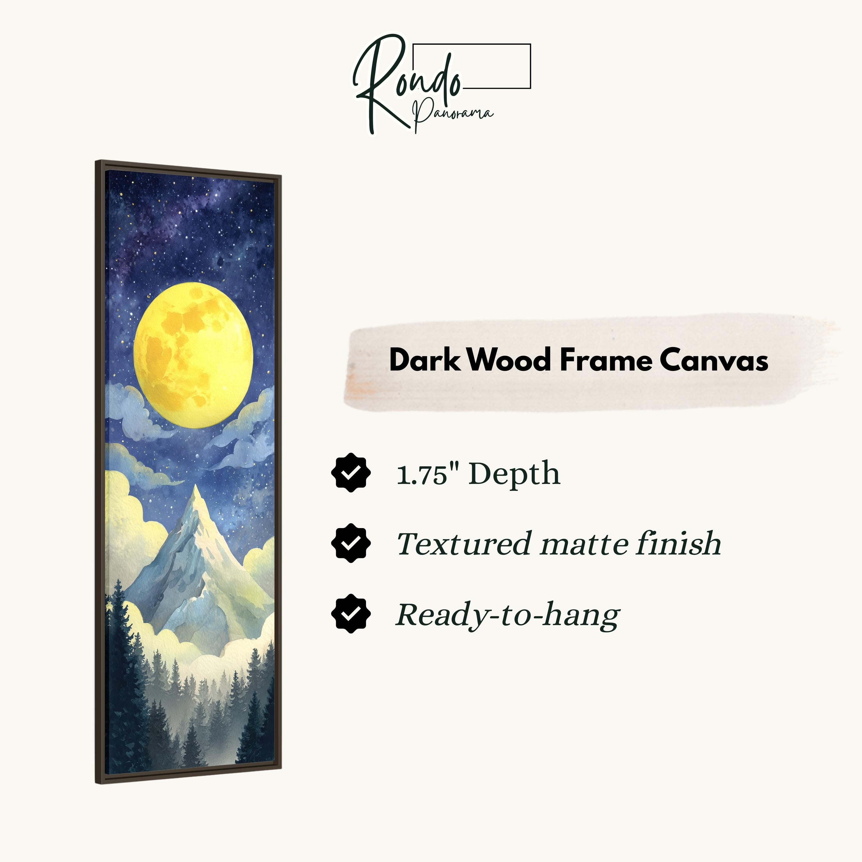 The image is a dark wood frame canvas depicting a night sky with a large, bright yellow moon and a mountain landscape.