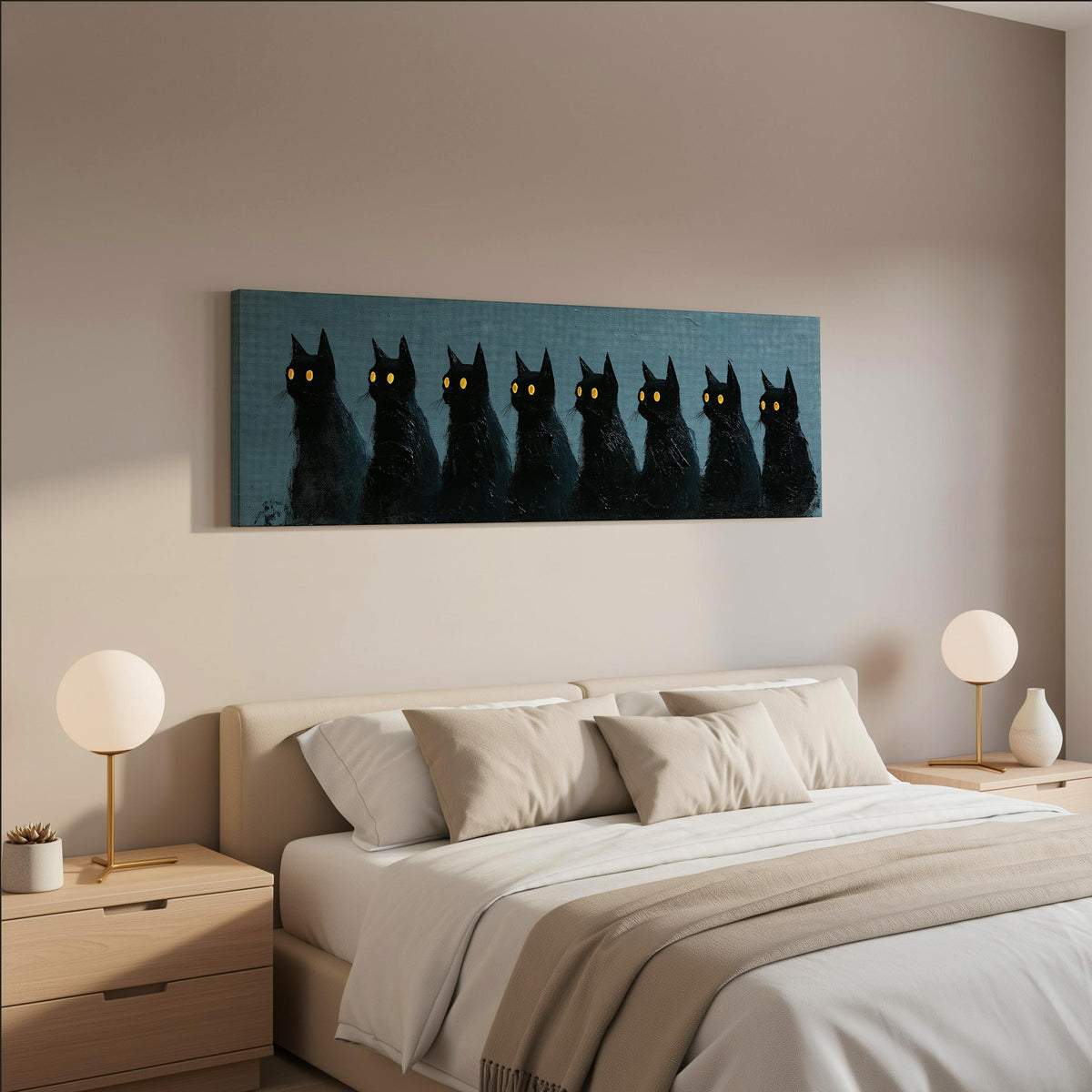Row of black cats with glowing eyes wide panoramic canvas print above a bed in a neutral bedroom