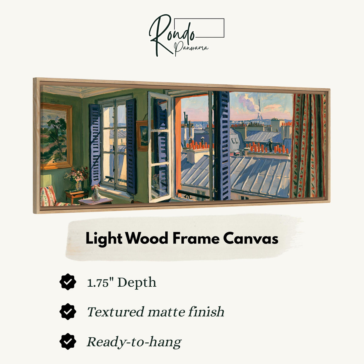 Paris chimneys and rooftops from a sunny window canvas print in a light wood floating frame