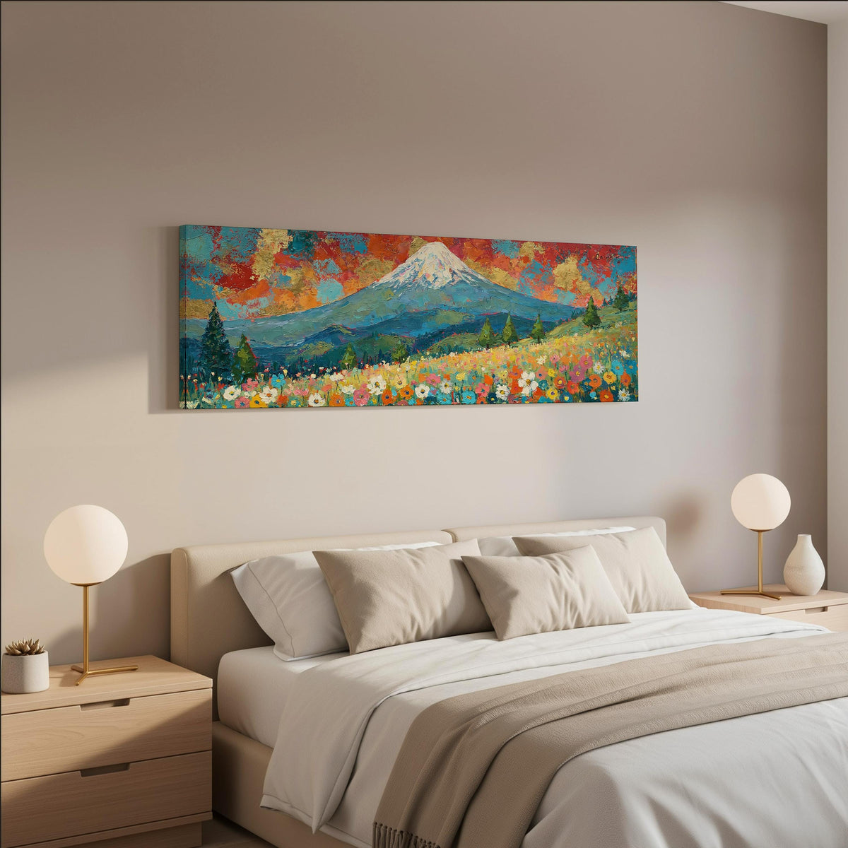 Mount Fuji under a red and gold sunset sky wide panoramic canvas print above a bed in a neutral bedroom