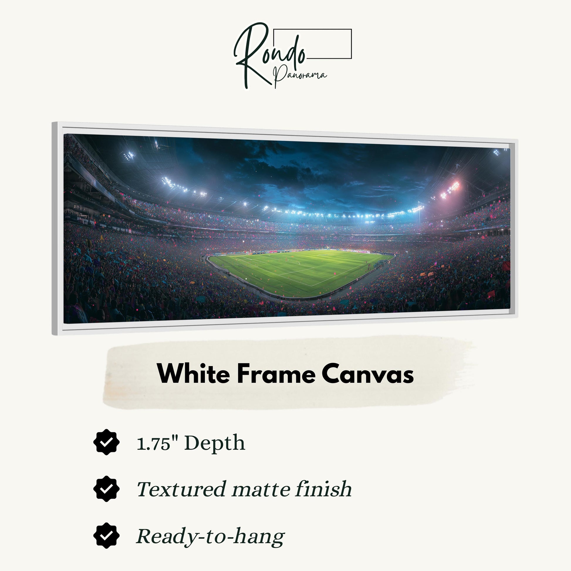 A large, white-framed canvas depicting a crowded baseball stadium at night, with the field illuminated by bright lights.