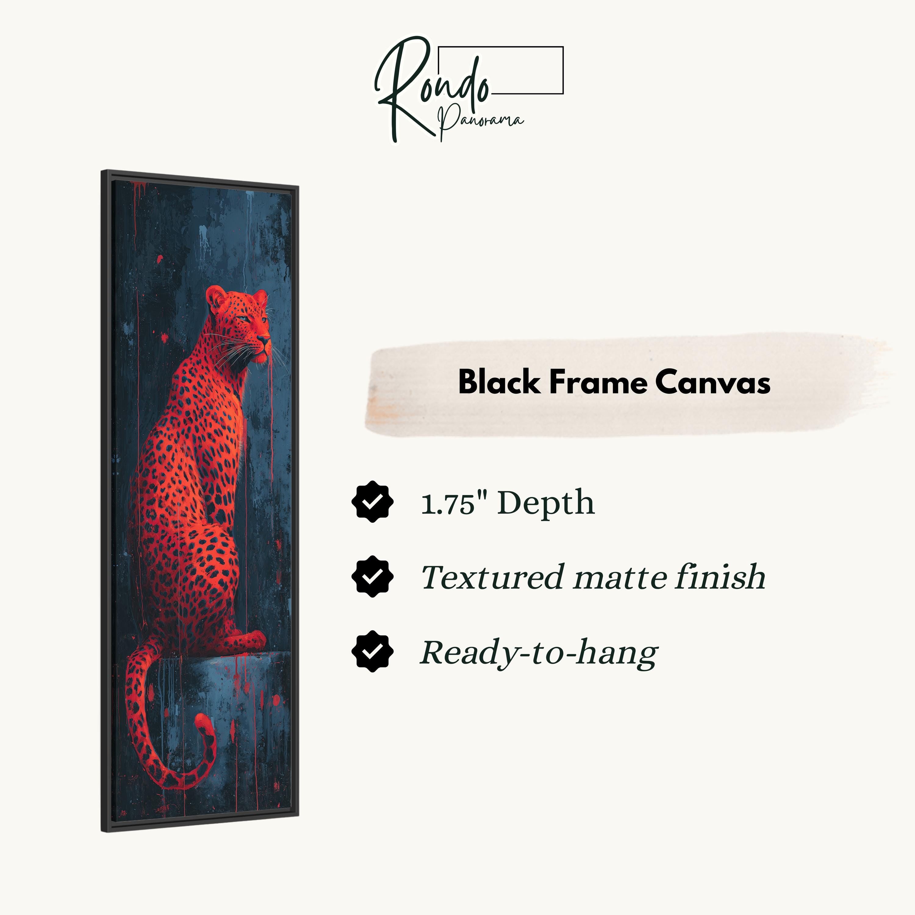 a striking black frame canvas with a bold red leopard as the central focus. The canvas is described as having a 1.75" depth, a textured matte finish, and is ready to hang.