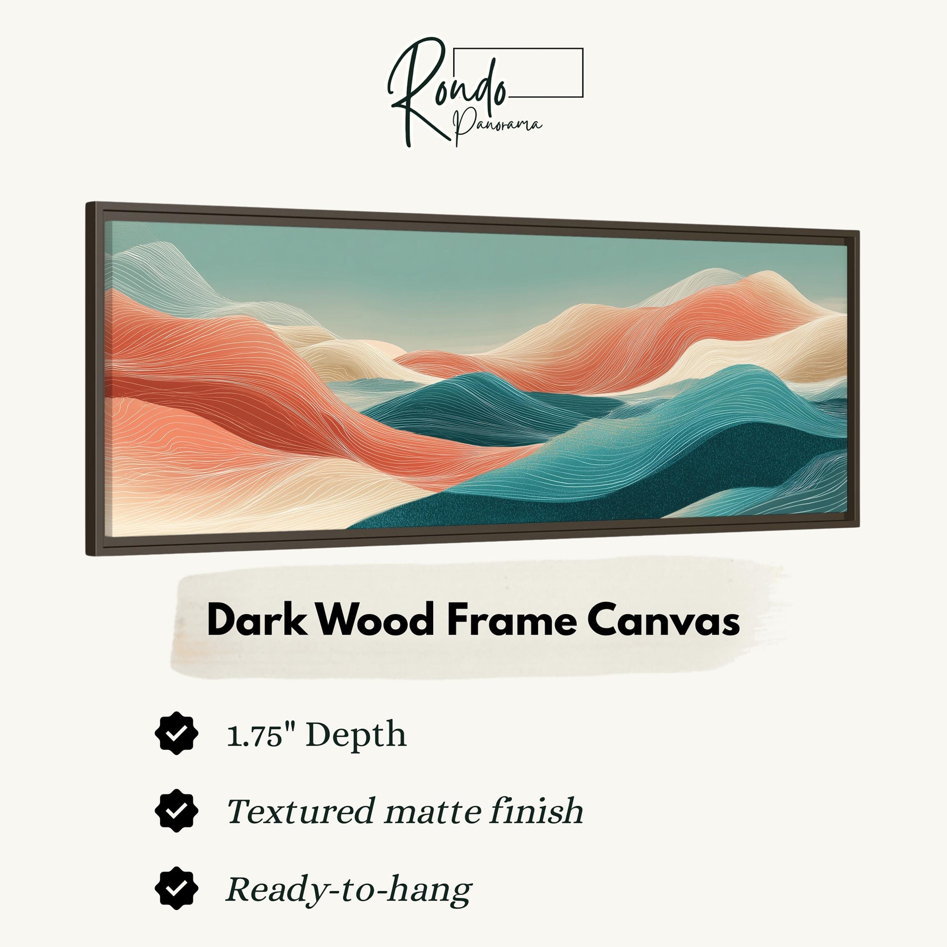 The image is a digital illustration of a landscape with mountains and water, presented in a dark wood frame canvas.