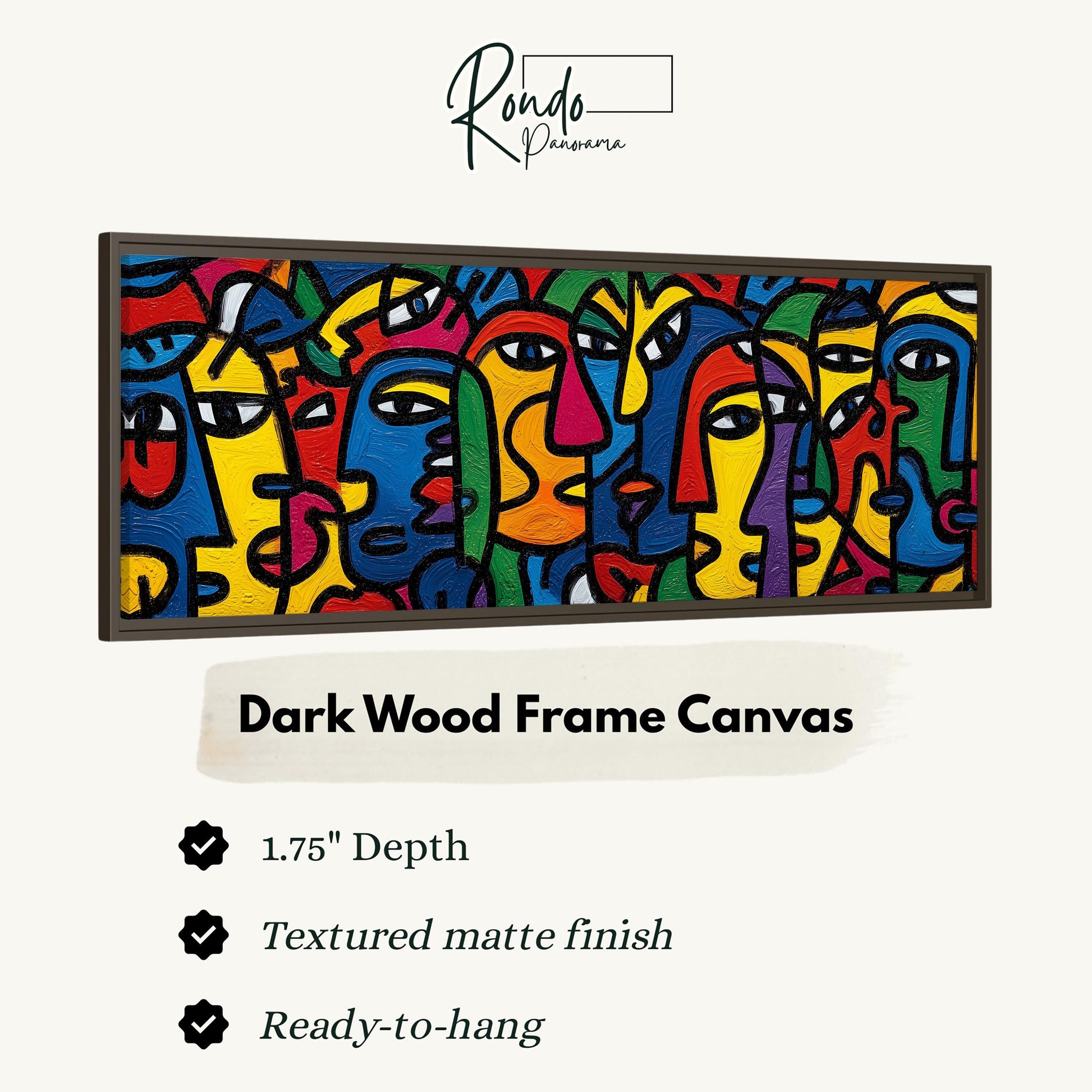 The image is a framed artwork featuring a vibrant abstract painting of colorful faces.