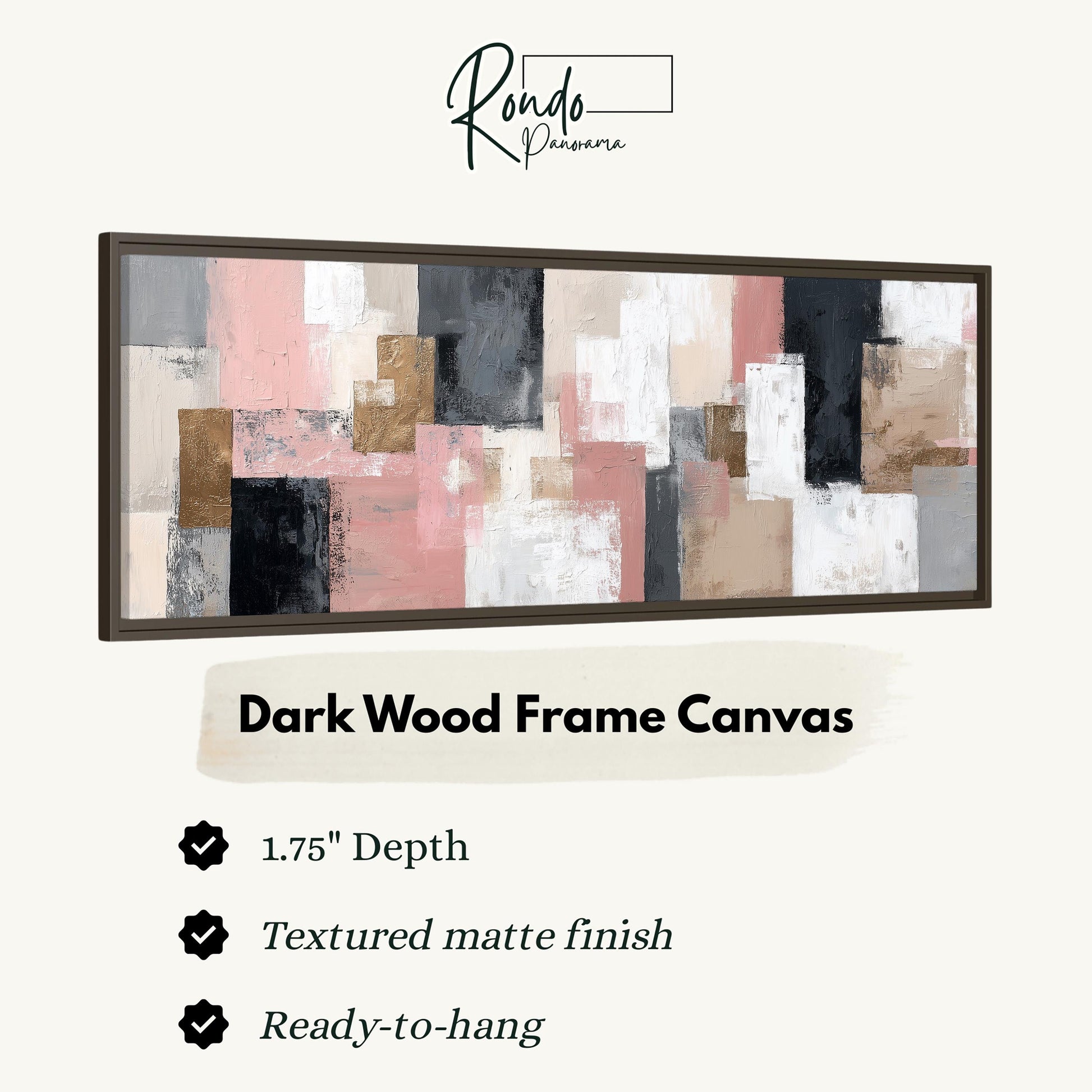 The image is a product advertisement for a dark wood frame canvas. It features a large abstract painting with a variety of colors and textures. The advertisement highlights the canvas's 1.75" depth, textured matte finish, and the fact that it is ready to hang.
