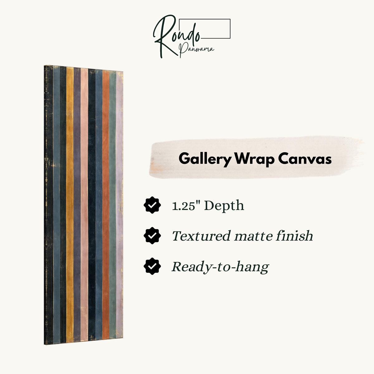 Vertical stripes in navy, rust and mauve gallery wrap canvas with the image wrapped around the edges