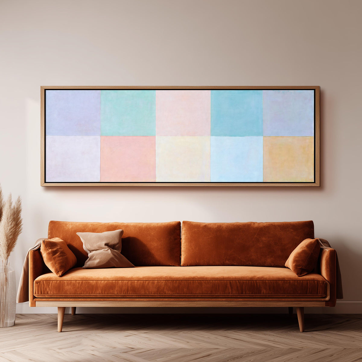 Pastel checkerboard grid panoramic canvas print above a sofa in a living room